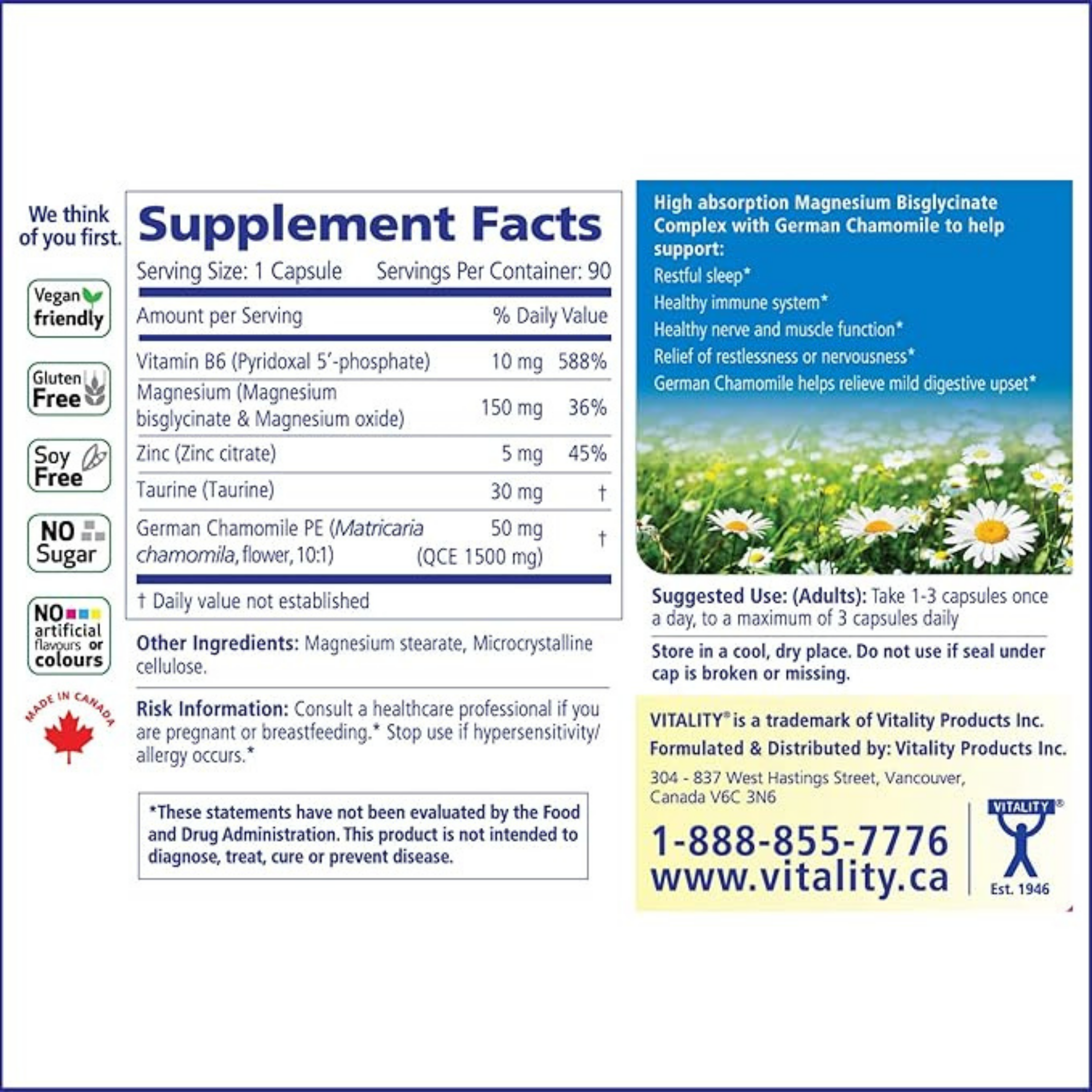 VITALITY, Magnesium + Chamomile, 90 Veg Capsules