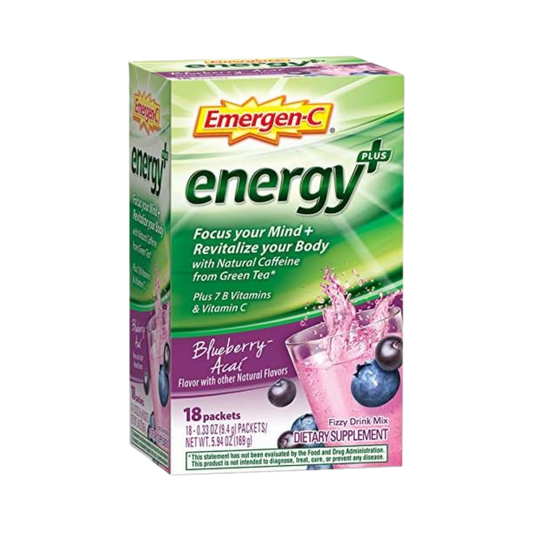 Emergen-C Energy+, With B Vitamins, Vitamin C And Natural Caffeine From Green Tea (Blueberry Acai Flavor) ,Pack of 18