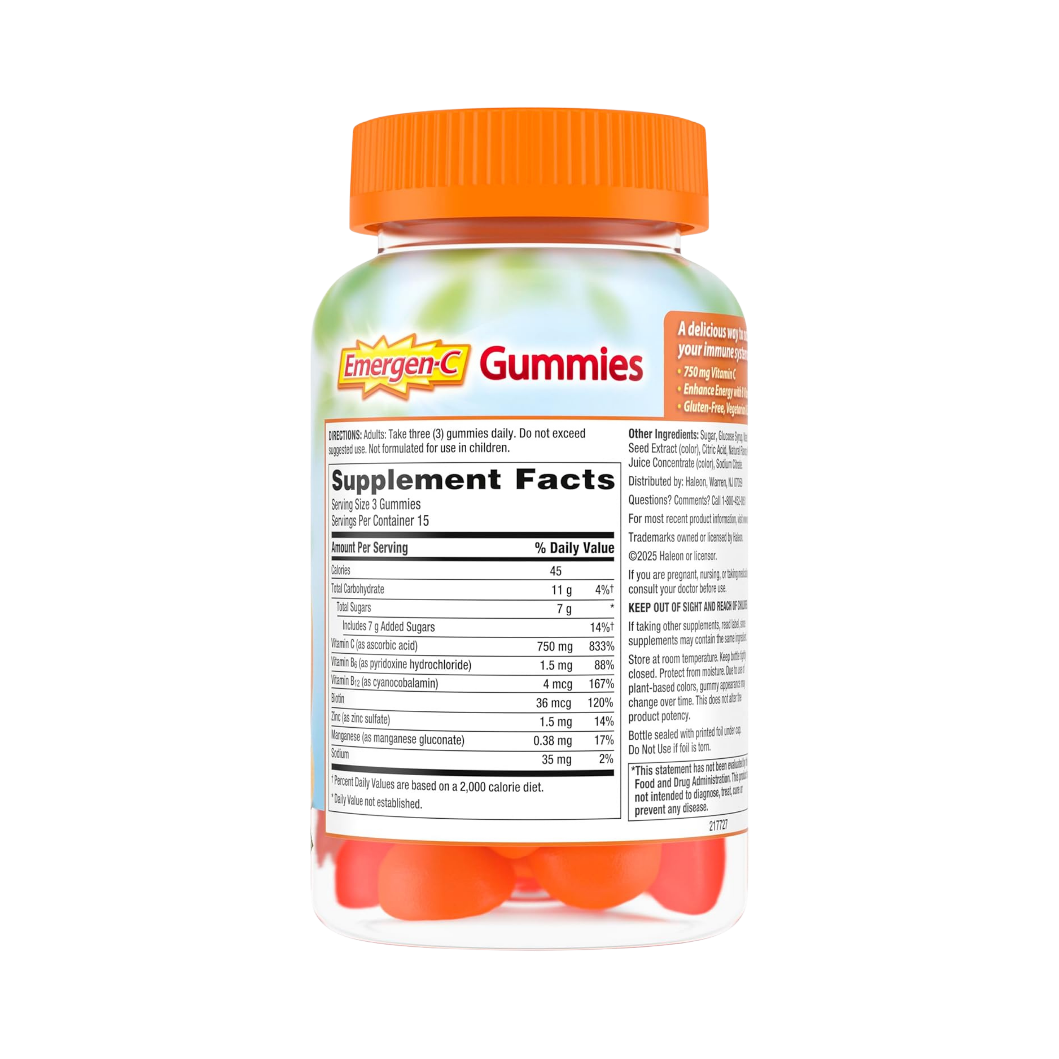 Emergen-C, 750 Mg Vitamin C Gummies for Adults, Immunity Gummies with B Vitamins, Orange, Tangerine and Raspberry Flavors, 45 Count