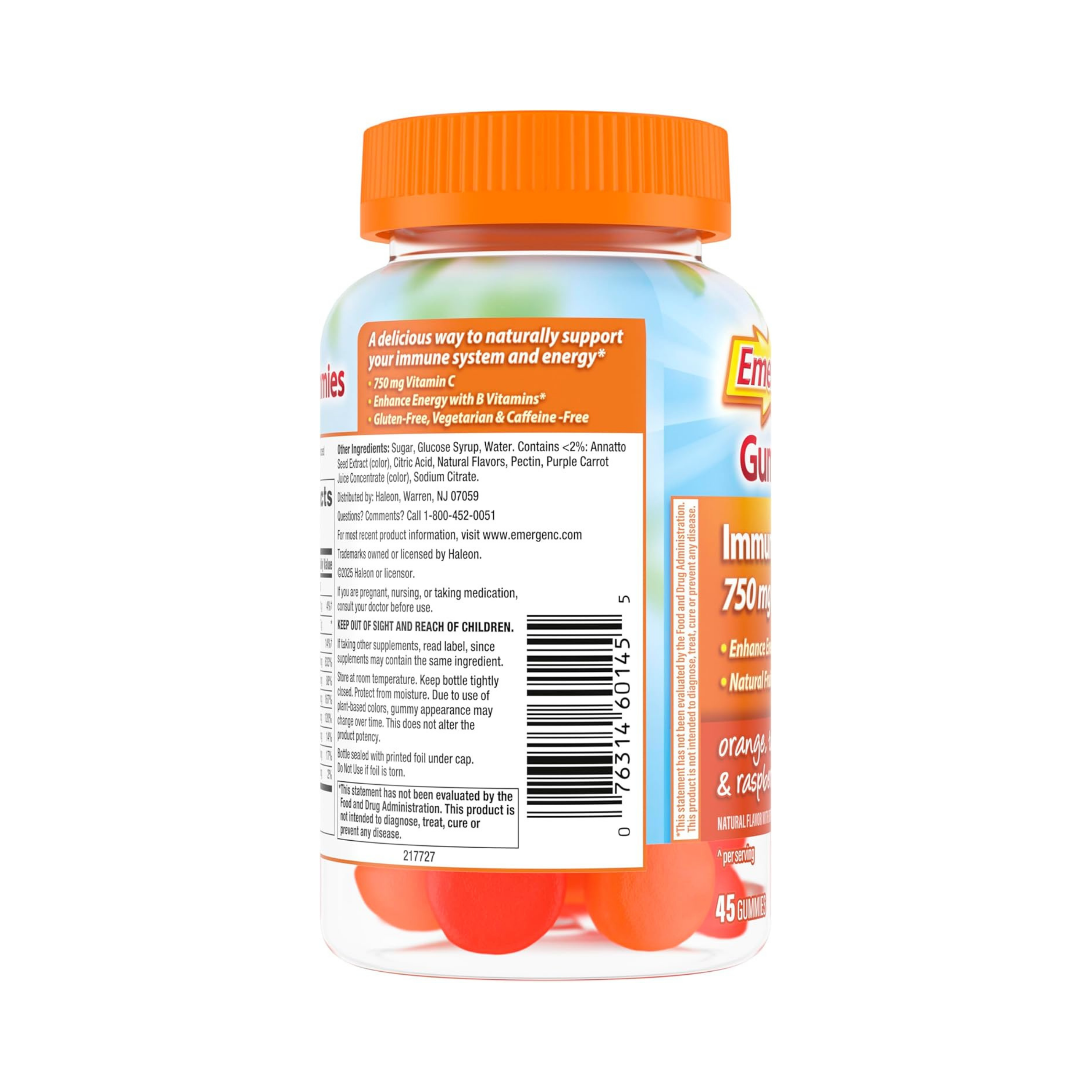 Emergen-C, 750 Mg Vitamin C Gummies for Adults, Immunity Gummies with B Vitamins, Orange, Tangerine and Raspberry Flavors, 45 Count