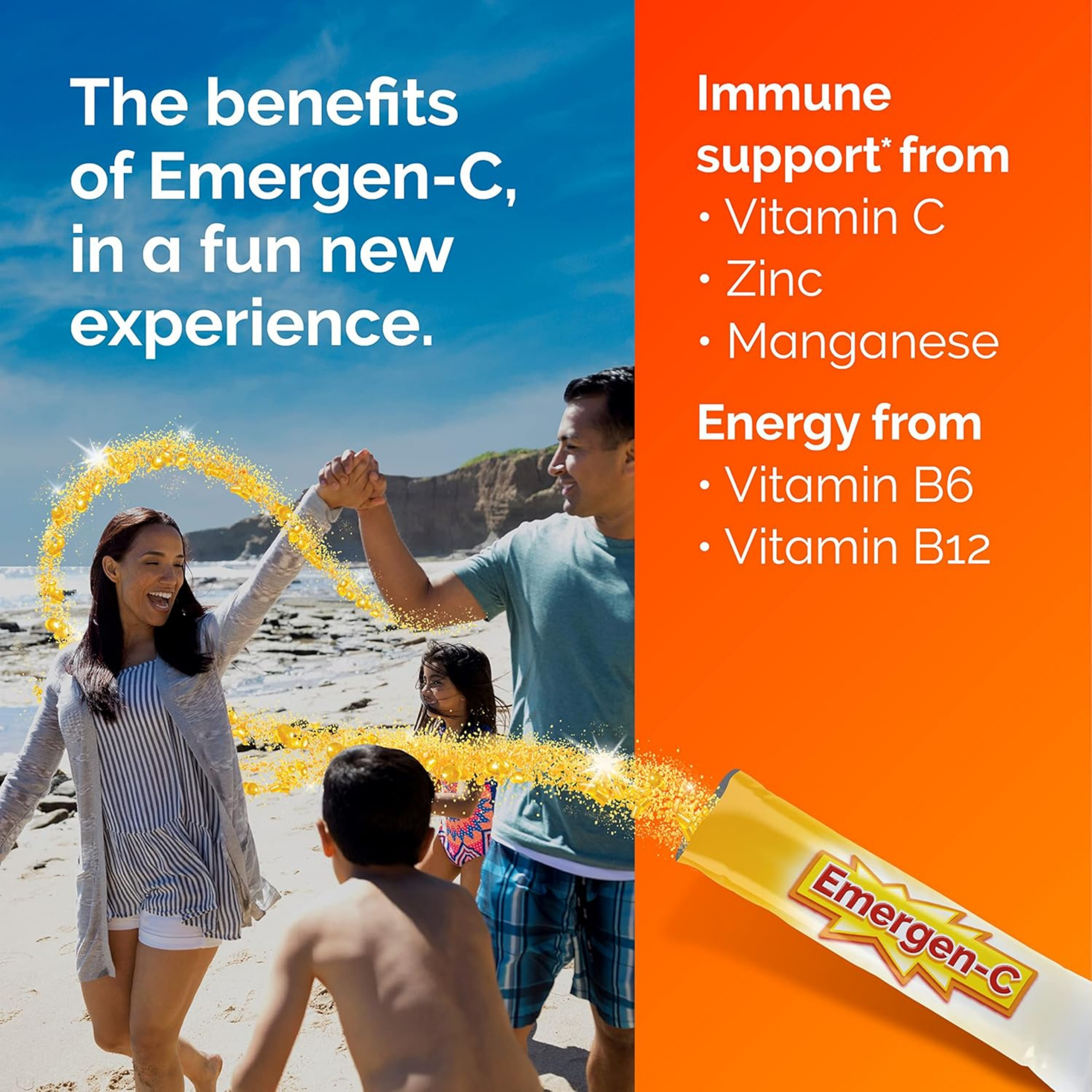 Emergen-C Crystals, On-The-Go Immune Support Supplement with Vitamin C, B Vitamins, Zinc and Manganese, Orange Vitality, 28 Stick Packs