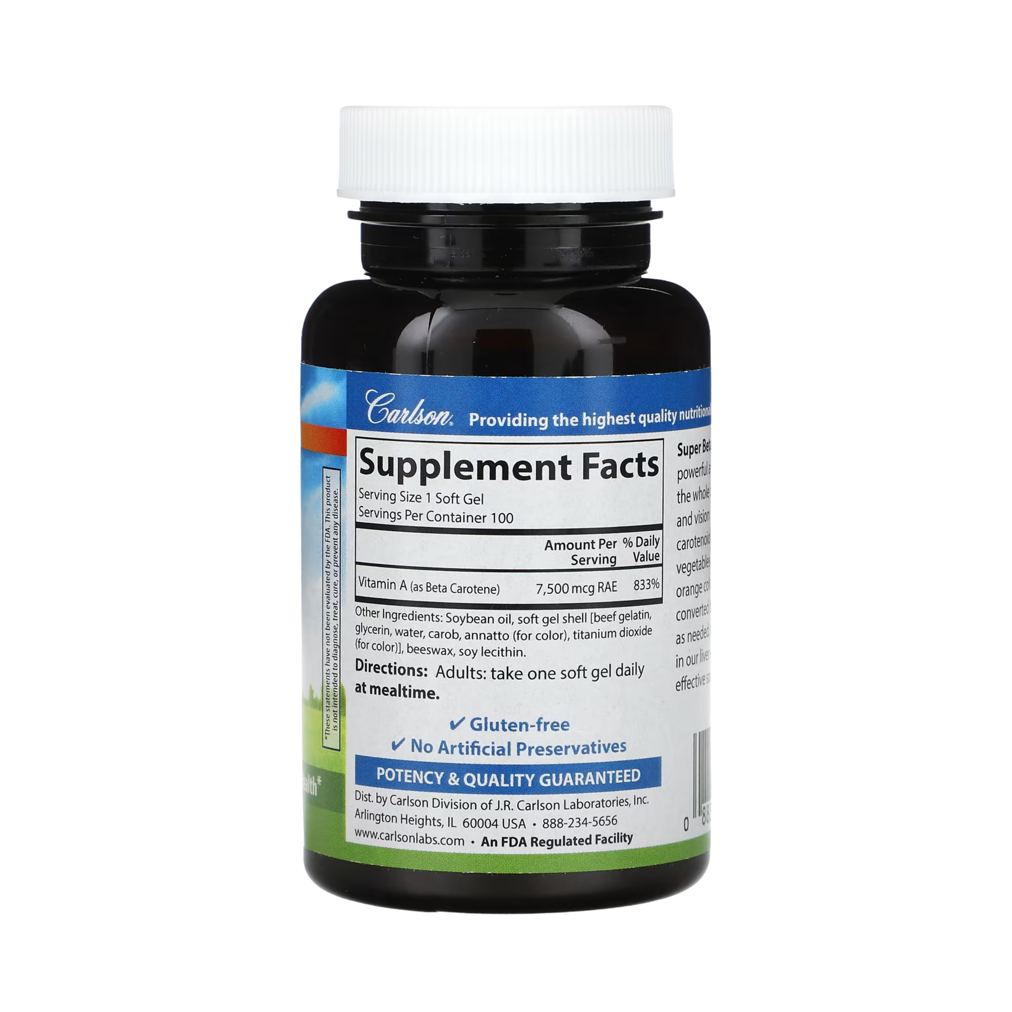 Carlson, Super Beta Carotene, 7,500 Mcg RAE (25,000 IU), 100 Soft Gels