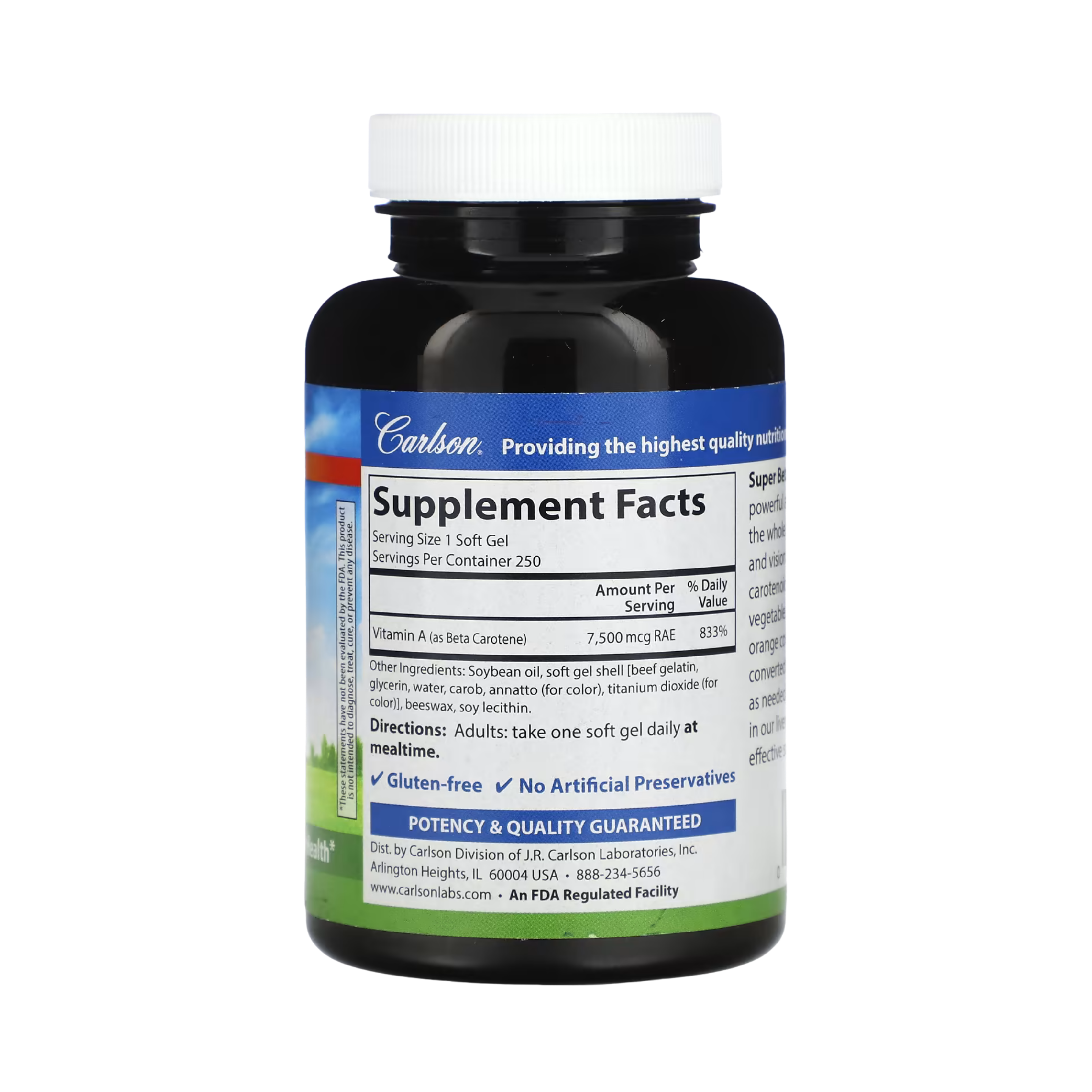 Carlson, Super Beta Carotene, 7,500 Mcg RAE (25,000 IU), 250 Soft Gels