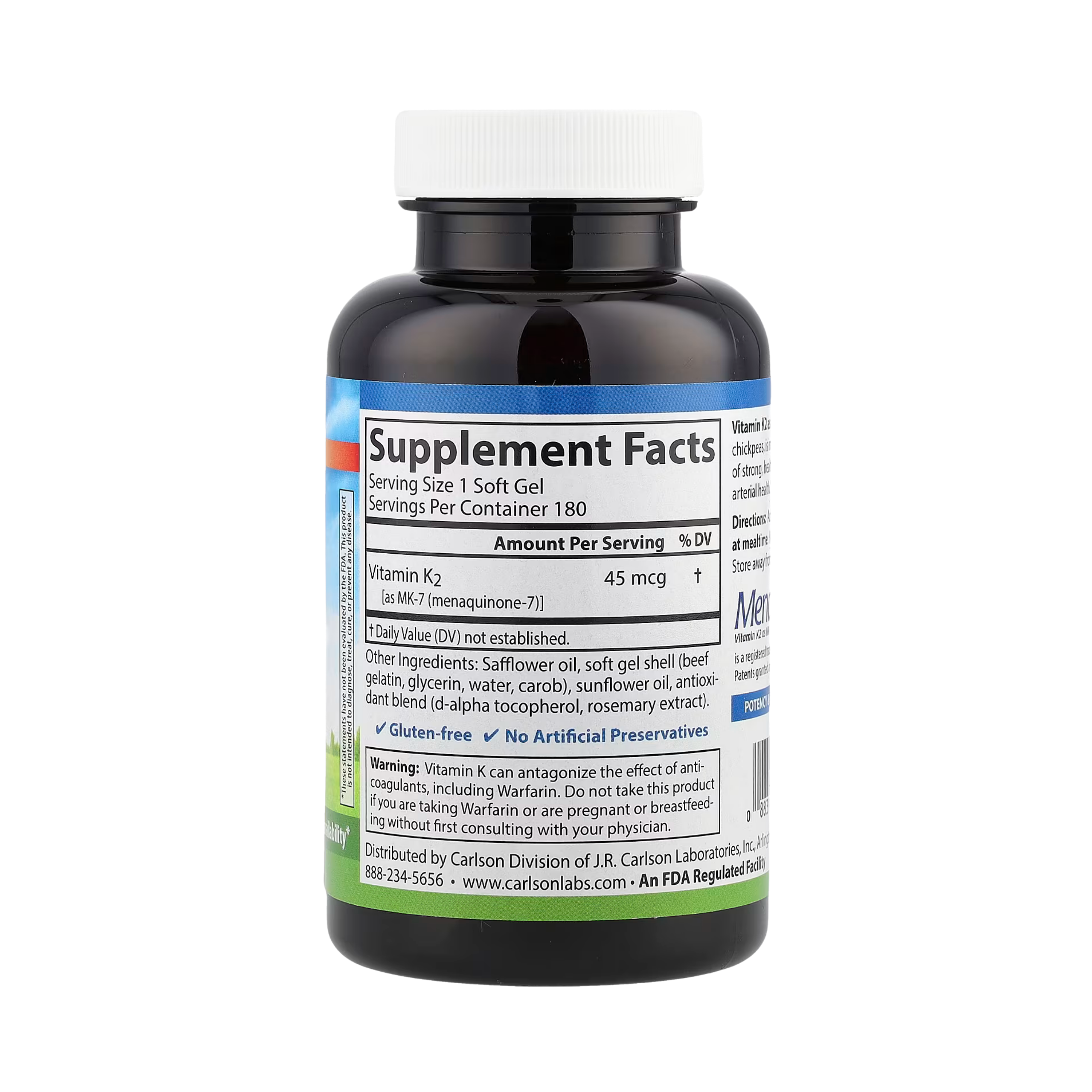 Carlson, Vitamin K2, MK-7 (Menaquinone-7), 45 Mcg, 180 Soft Gels