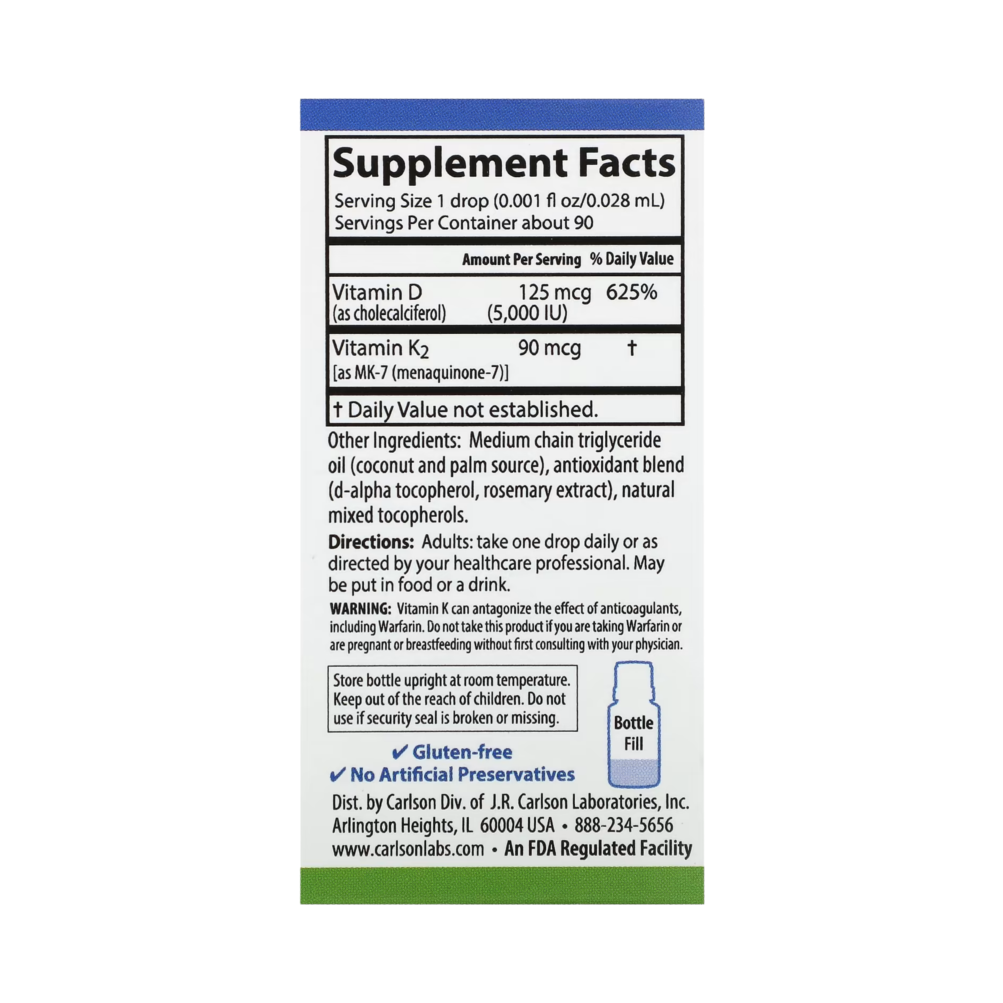 Carlson, Super Daily D3 + K2, 125 Mcg (5,000 IU) & 90 Mcg, 0.086 Fl Oz