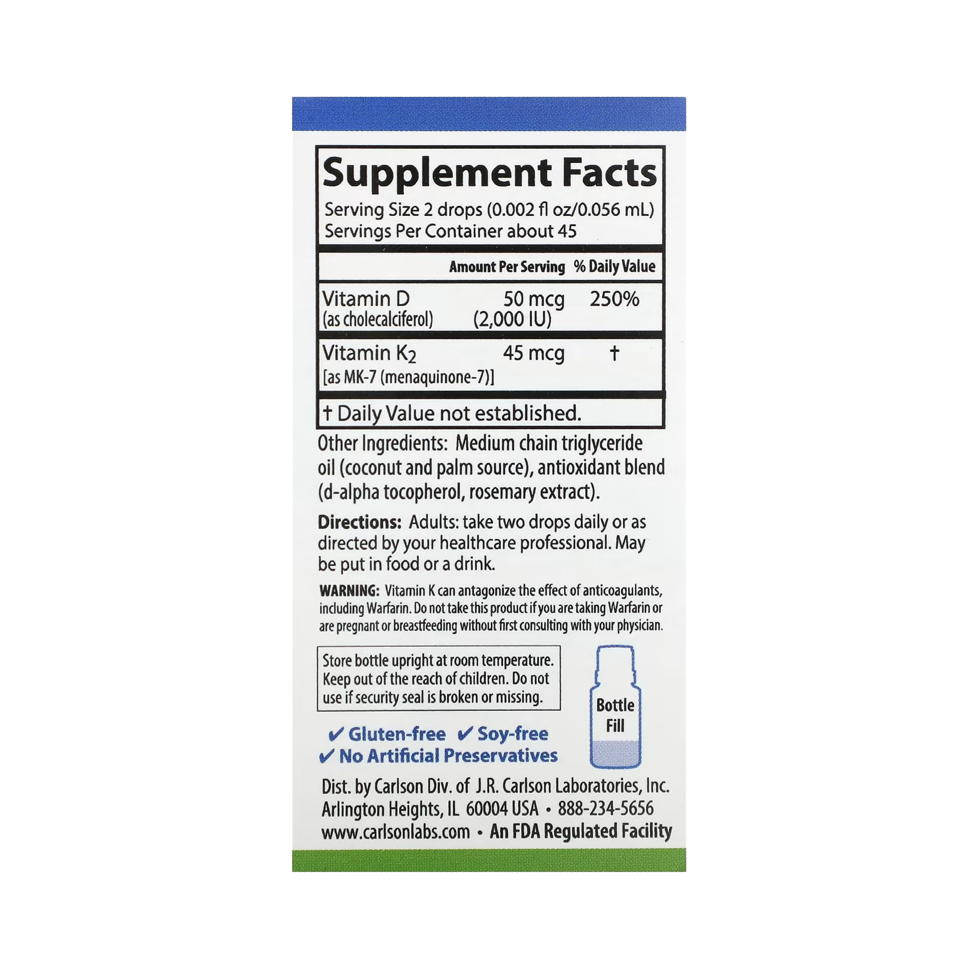Carlson, Super Daily D3 + K2, 50 mcg (2,000 IU) & 45 Mcg, 0.086 Fl Oz