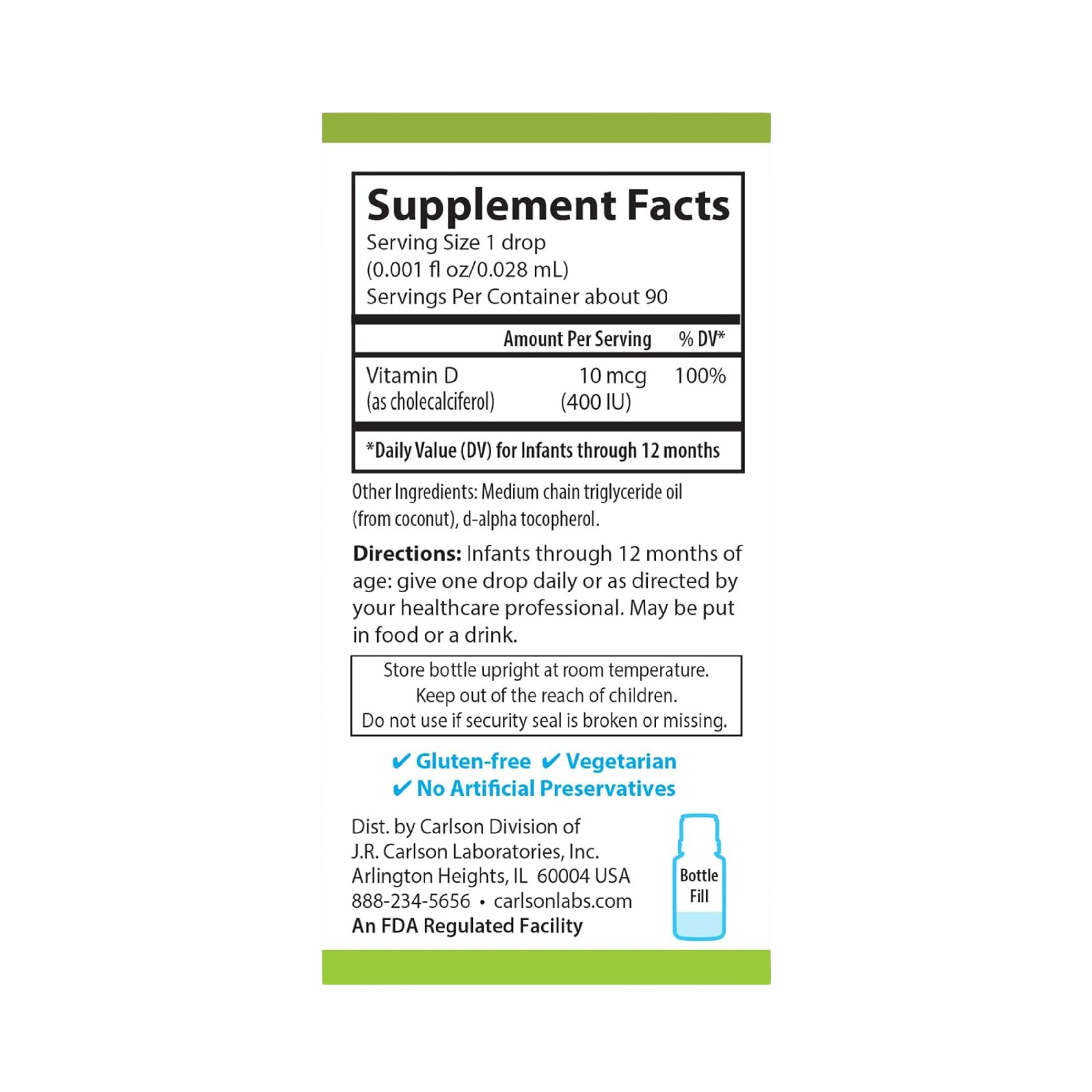 Carlson, Baby's Plant-Based Super Daily D3, Baby Vegetarian Liquid Vitamin D Drops, 90 Drops