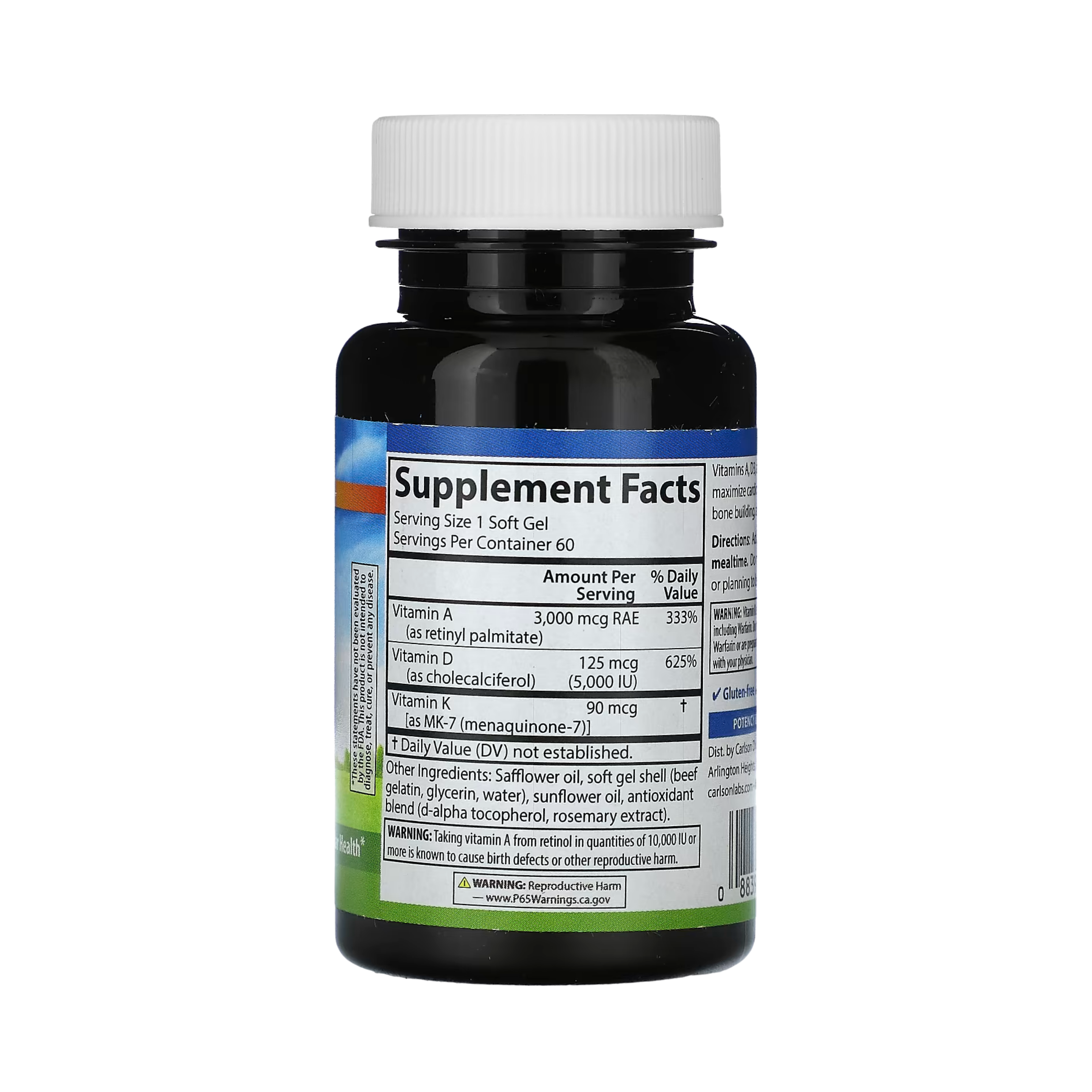 Carlson, Vitamins A - D3 - K2, 60 Soft Gels