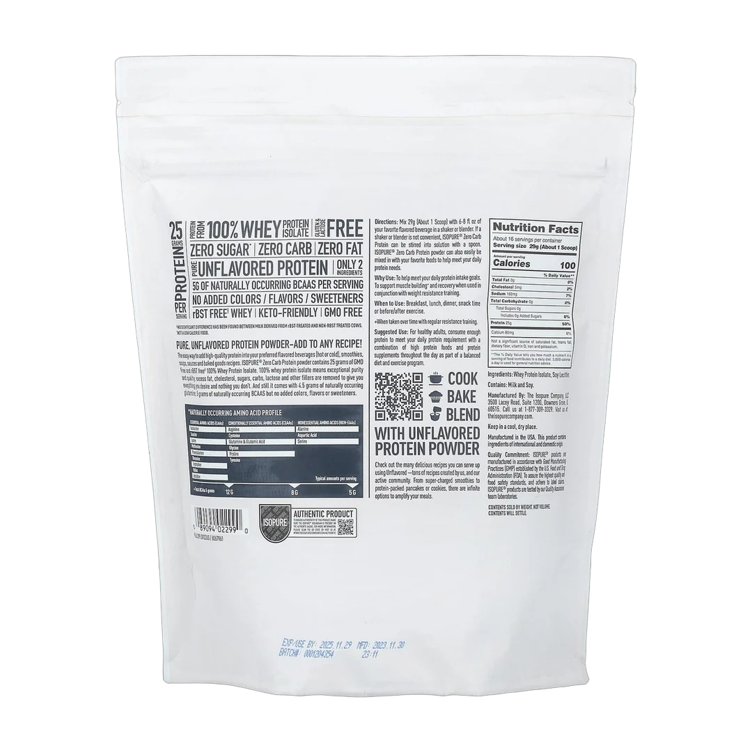 Isopure, Zero Carb Protein Powder, Unflavored, 1 lb (454 g)