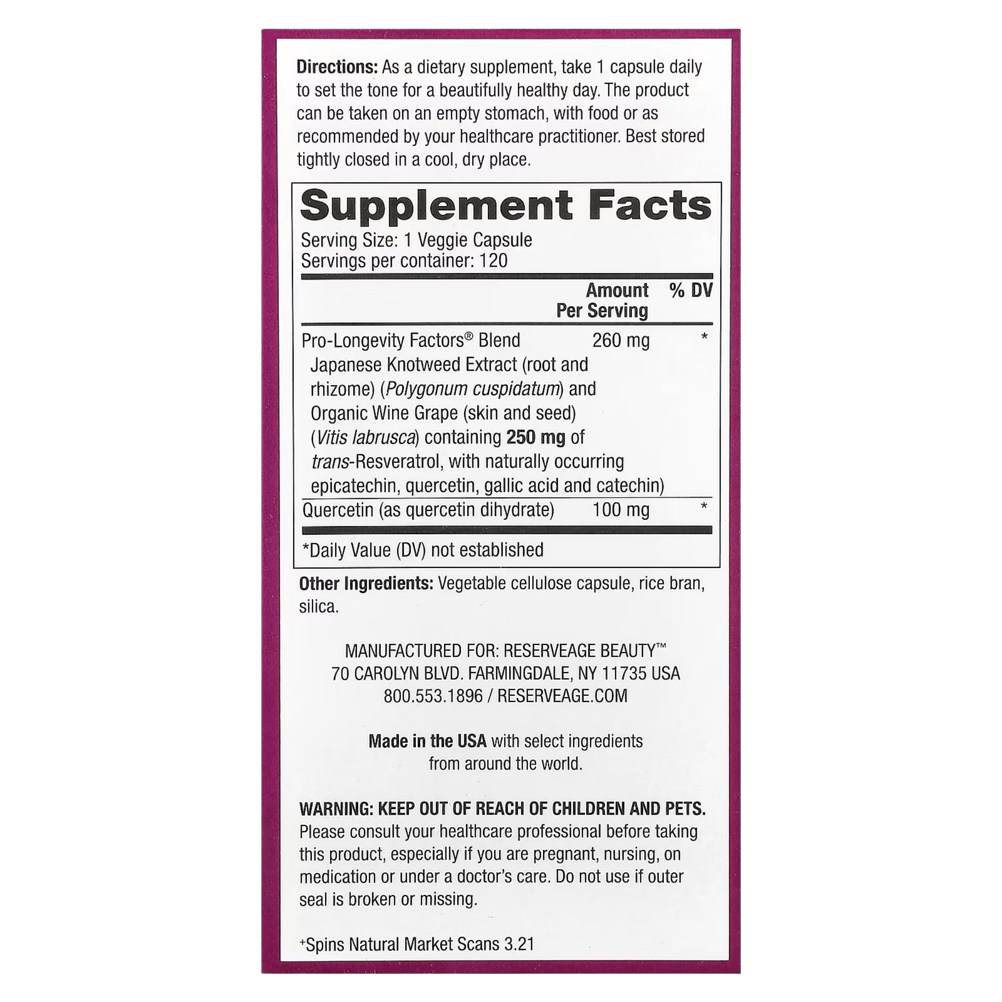 Reserveage Beauty, Resveratrol, 250 mg, 120 Veggie Capsules