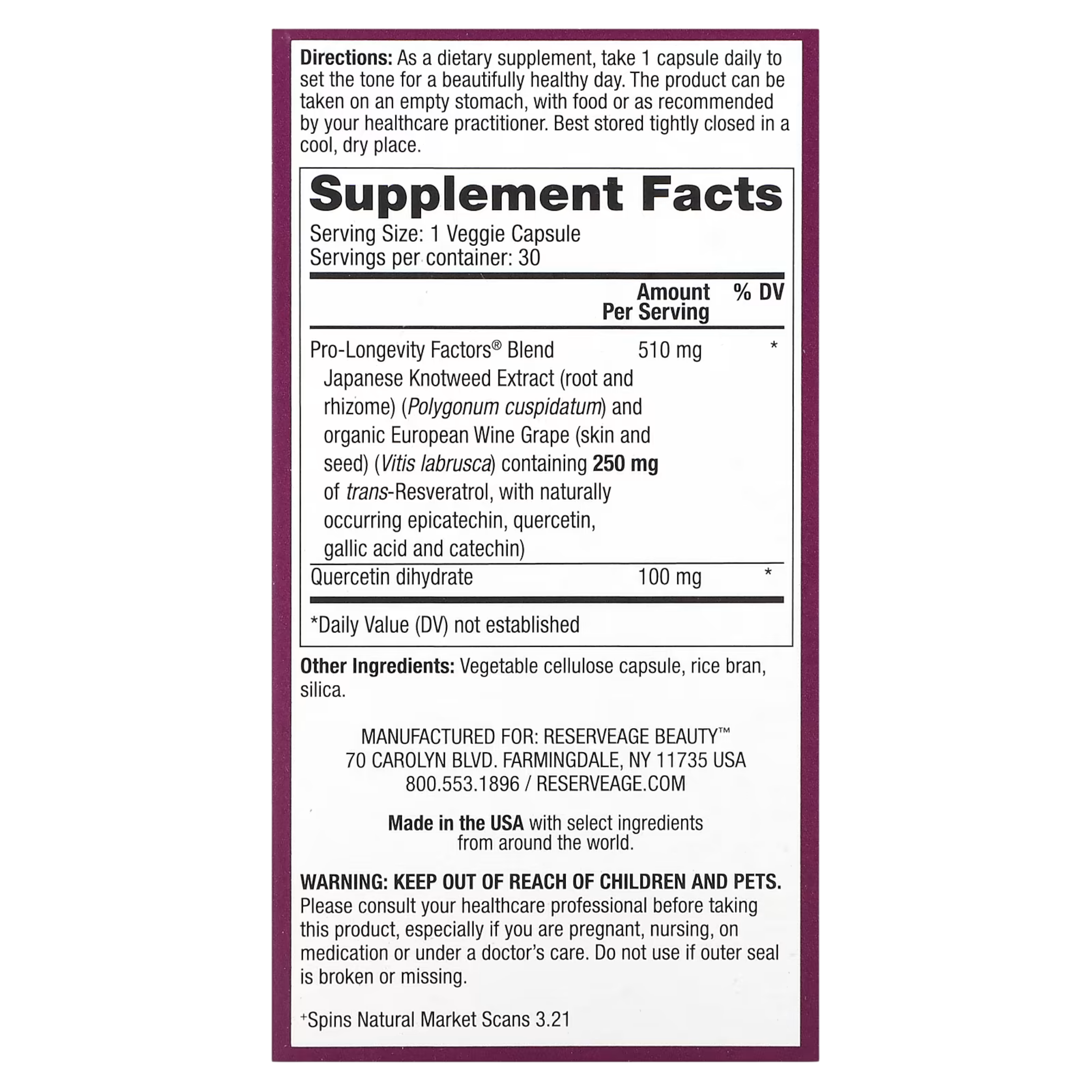 Reserveage Beauty, Resveratrol, 250 mg, 30 Veggie Capsules