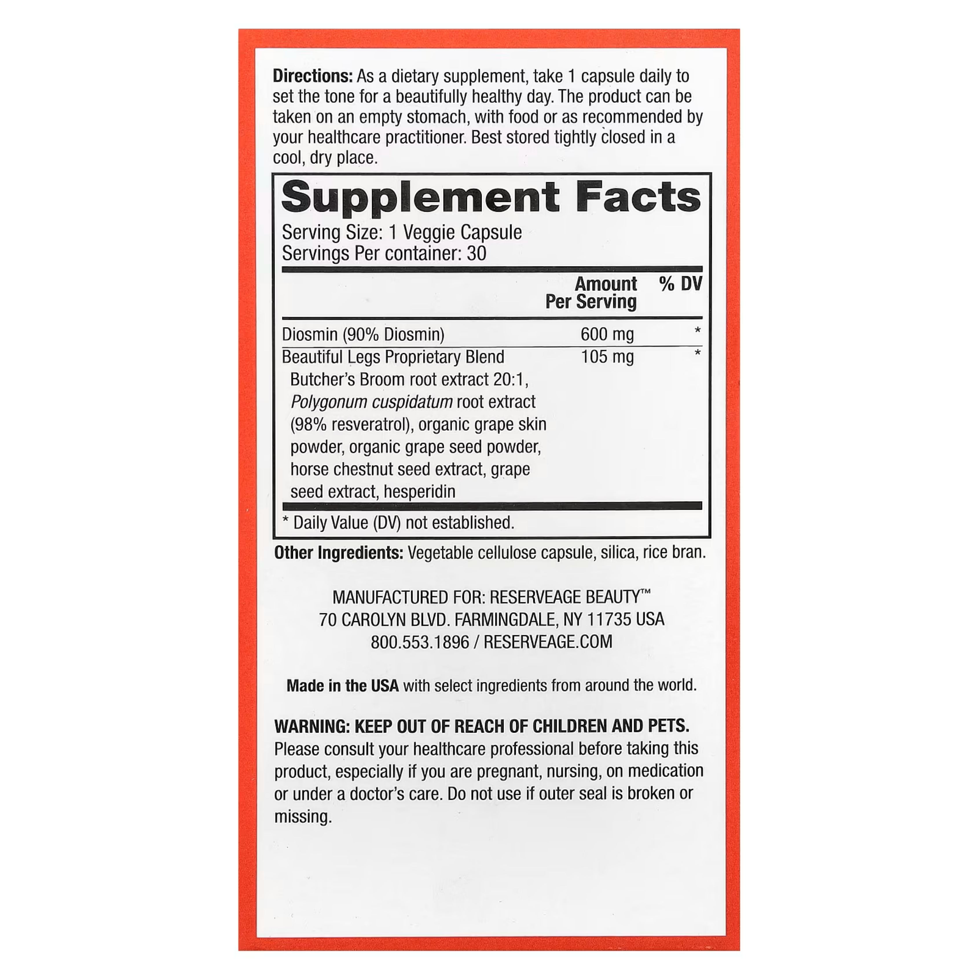 Reserveage Beauty, Beautiful Legs with Diosmin & Butcher's Broom Extract, 30 Veggie Capsules