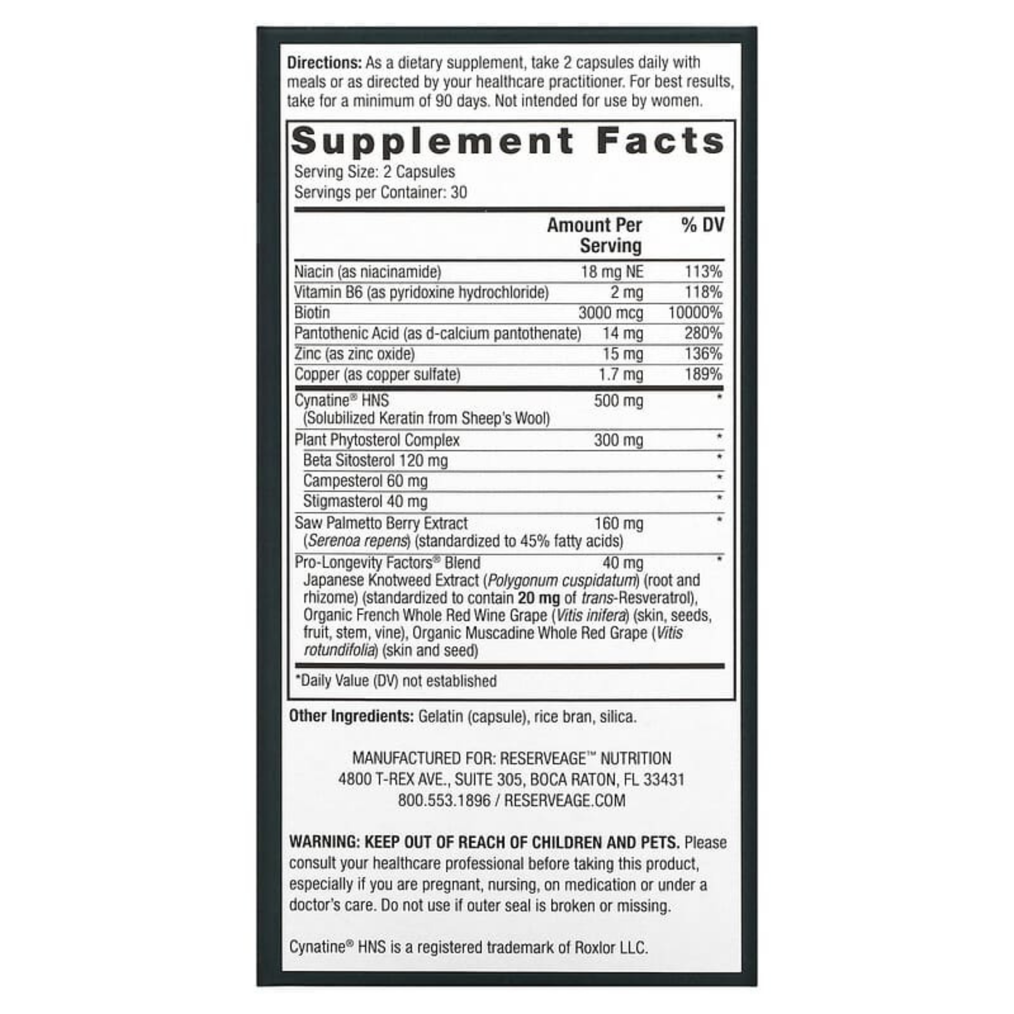 Reserveage Beauty,  Keratin Booster for Men, 60 Capsules