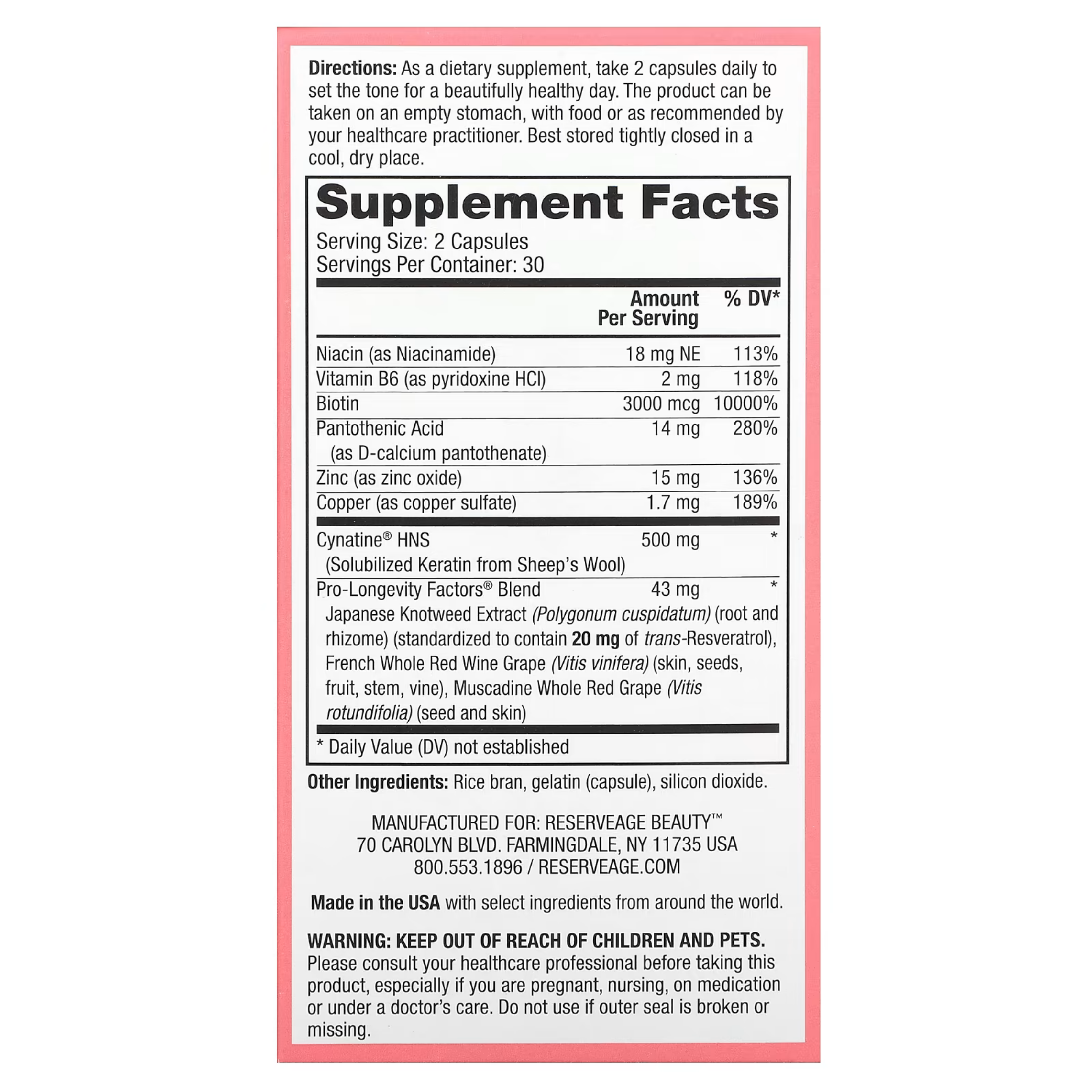 Reserveage Beauty, Keratin Hair Booster with Biotin & Resveratrol, 60 Capsules