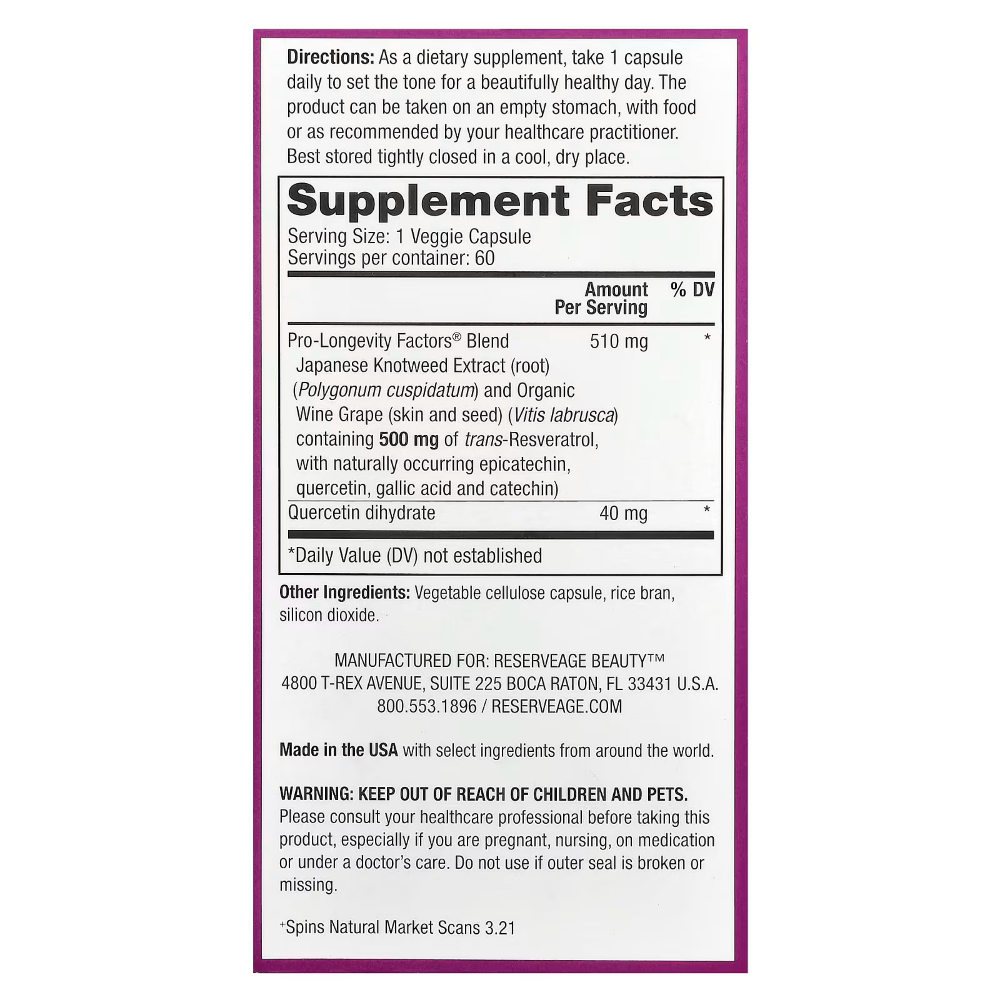Reserveage Beauty, Resveratrol, Trans-Resveratrol, 500 mg, 60 Veggie Capsules