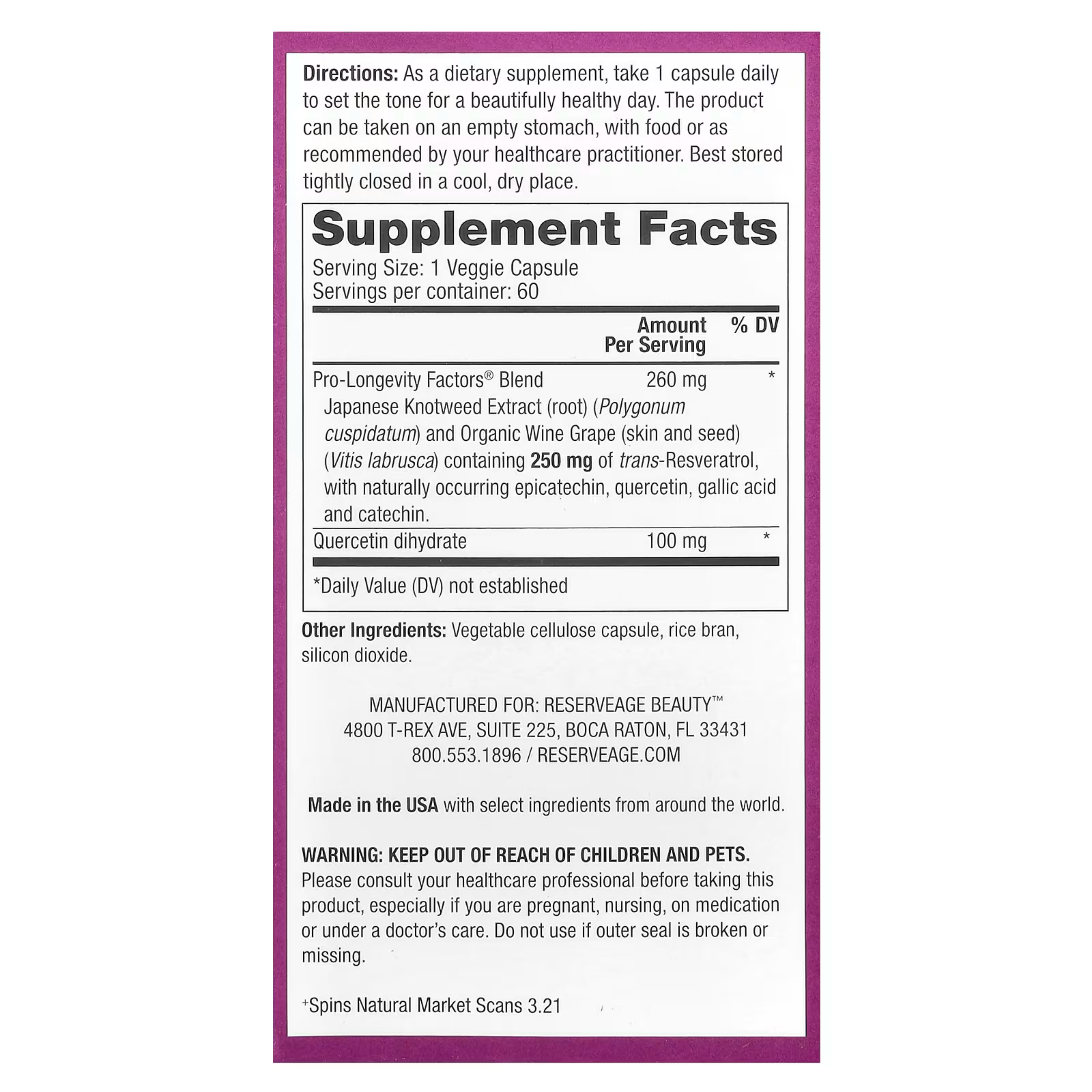 Reserveage Beauty, Resveratrol, 250 mg,  60 Veggie Capsules