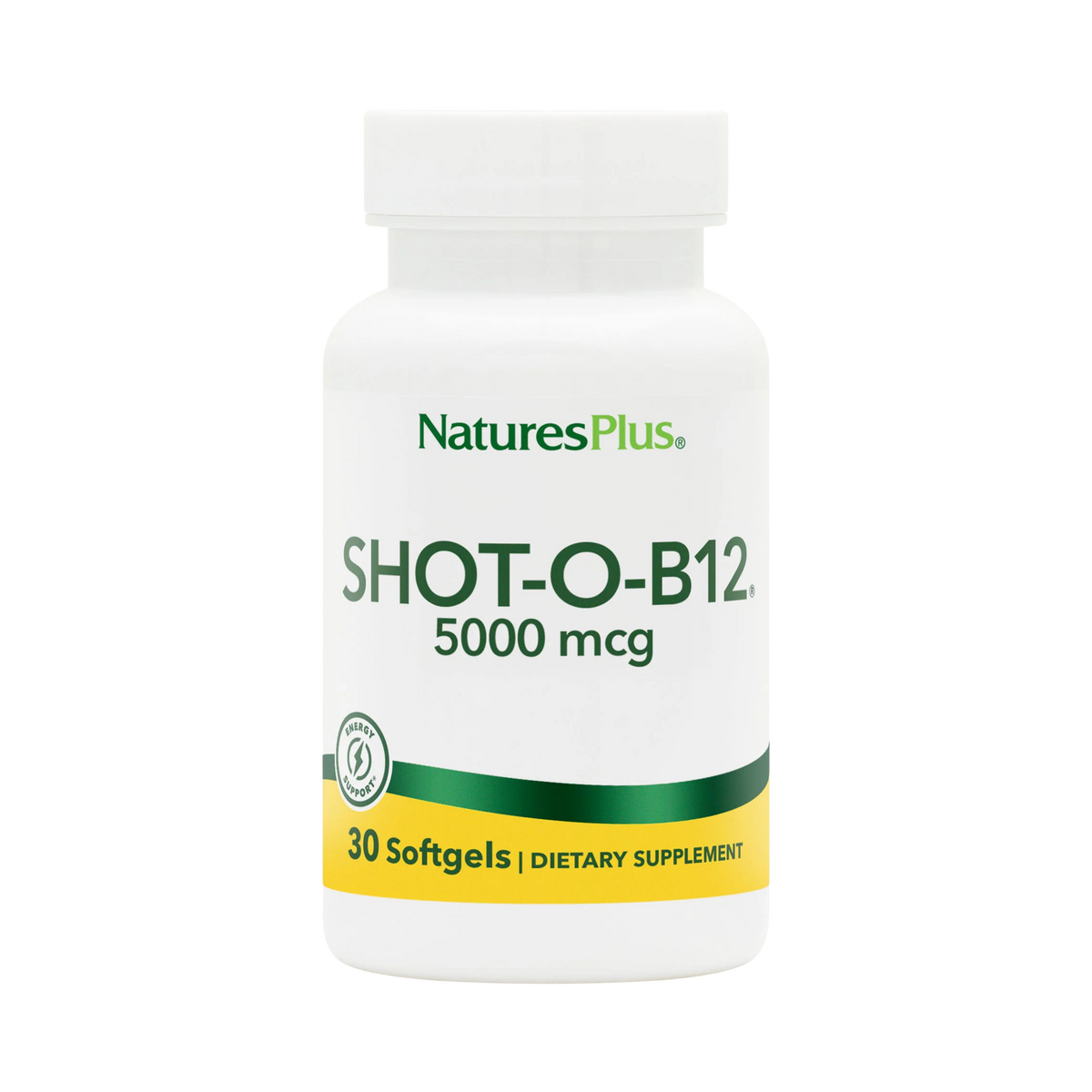 NaturesPlus, Shot-O-B12 (Cyanocobalamin), 5000 Mcg, 30 Softgels