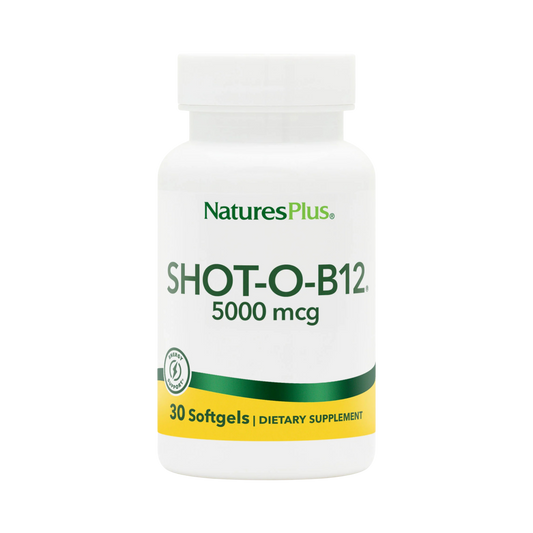NaturesPlus, Shot-O-B12 (Cyanocobalamin), 5000 Mcg, 30 Softgels