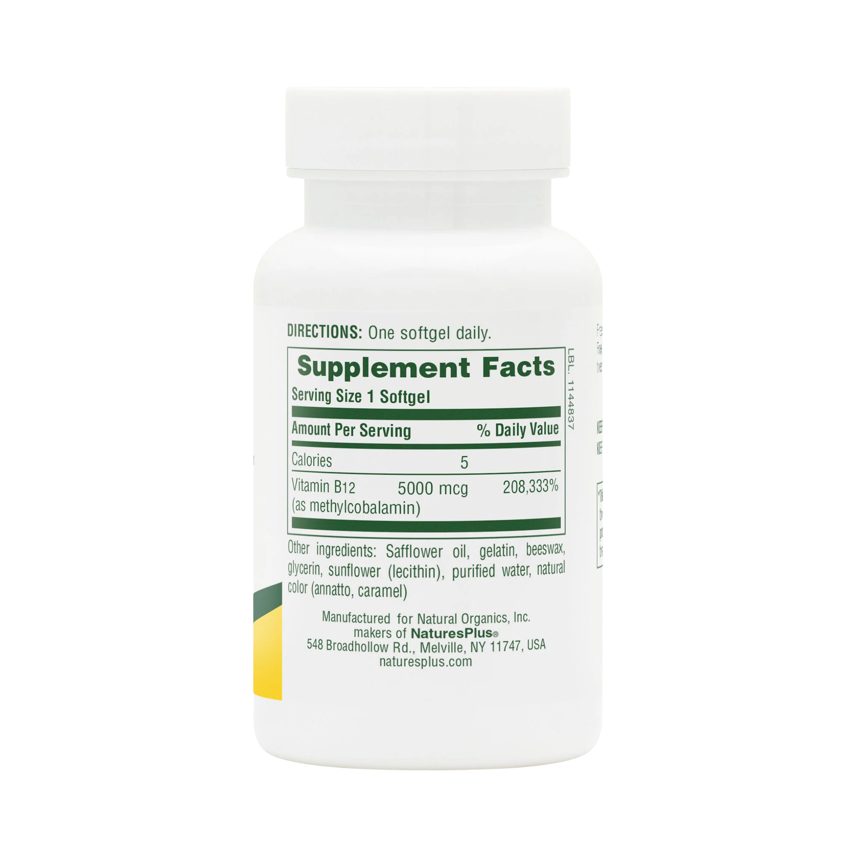 NaturesPlus, Shot-O-B12 (Cyanocobalamin), 5000 Mcg, 30 Softgels