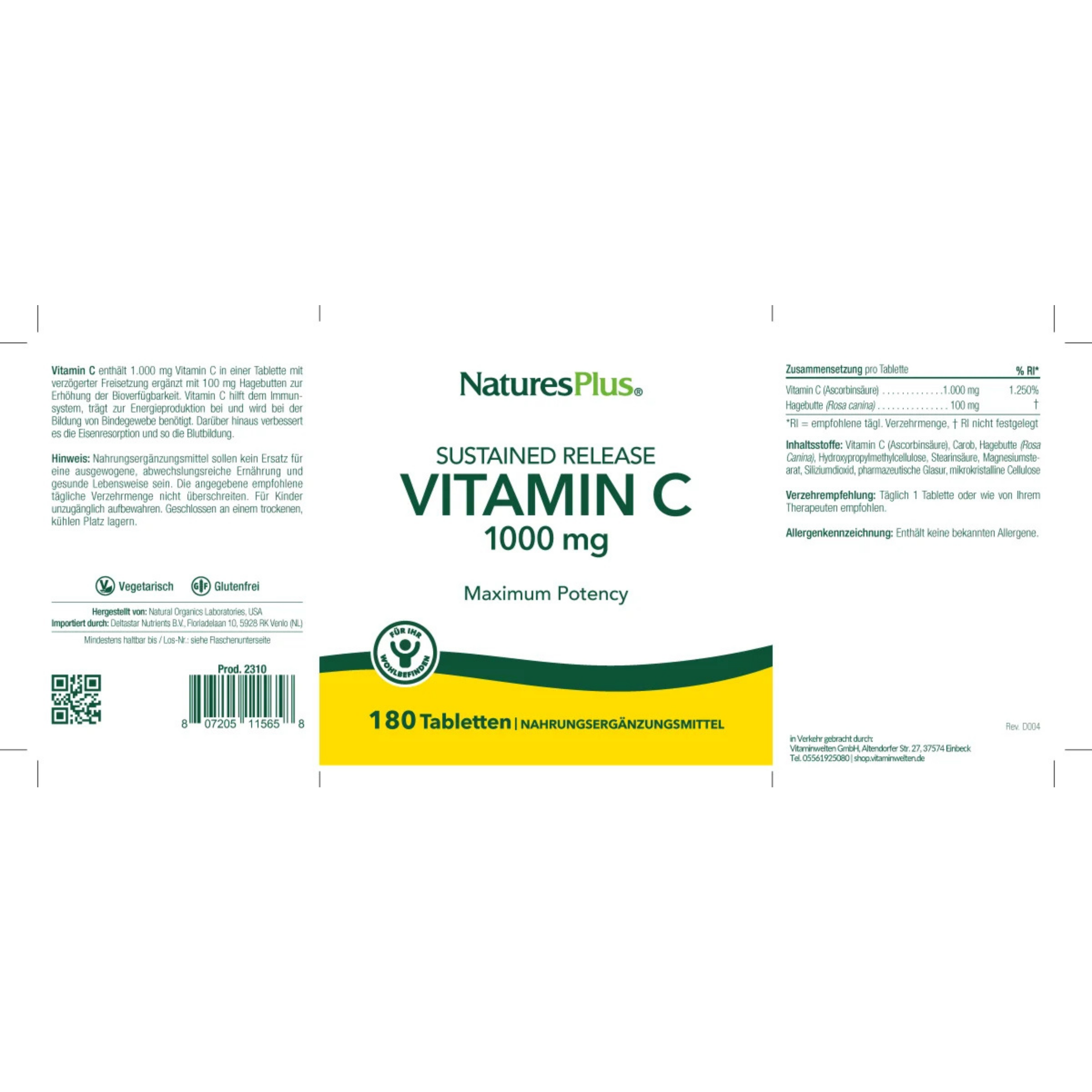 NaturesPlus, Sustained Release Vitamin C, 1000 Mg, 180 Tablets