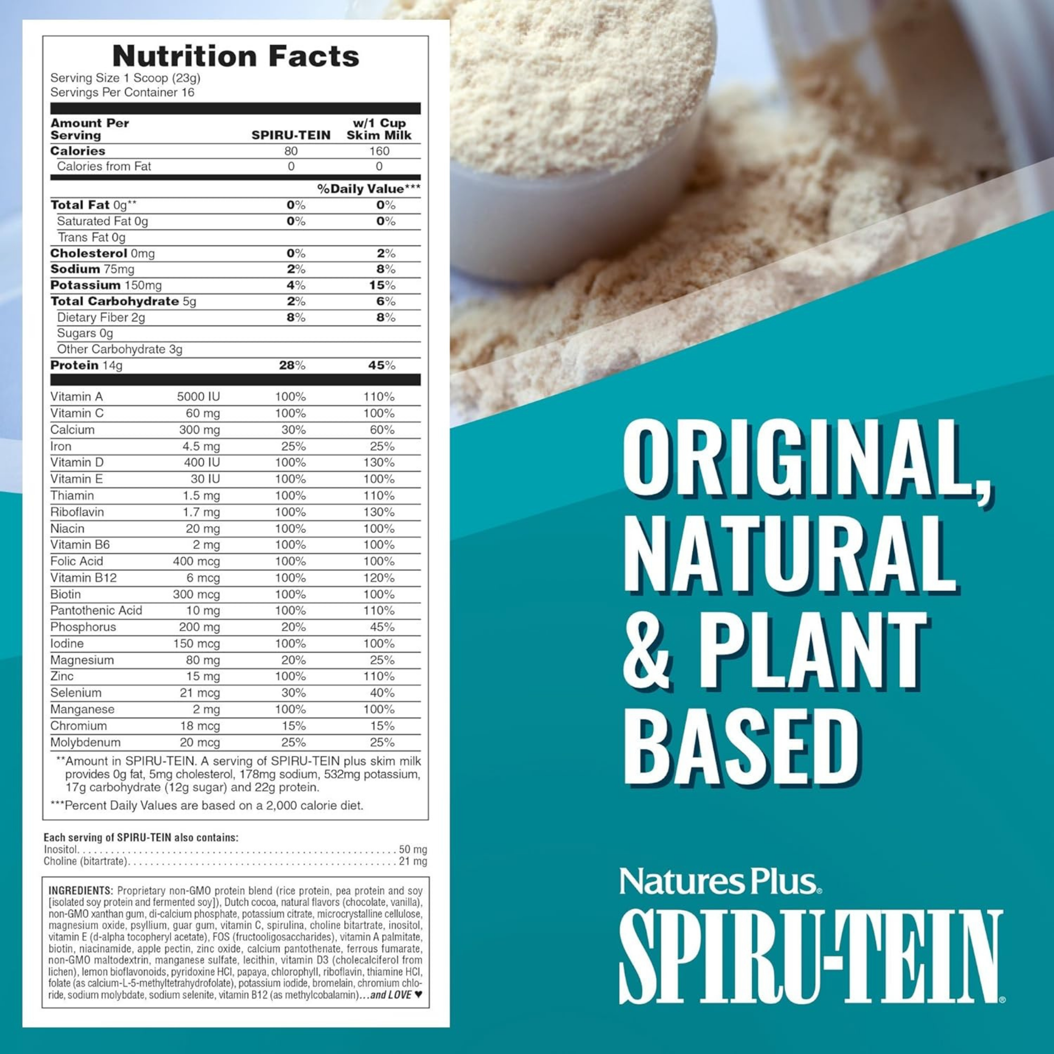 NaturesPlus, Simply Natural SPIRU-TEIN Shake, Unsweetened Chocolate, 0.82 Lb