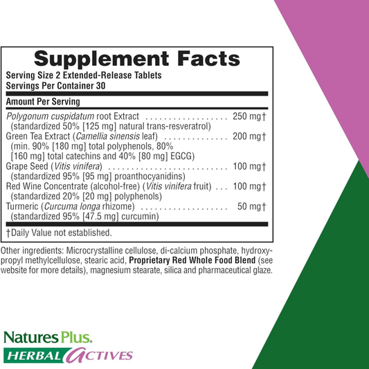 NaturesPlus, Herbal Actives Resveratrol, Extended Release, 125 Mg, 60 Vegetarian Tablets