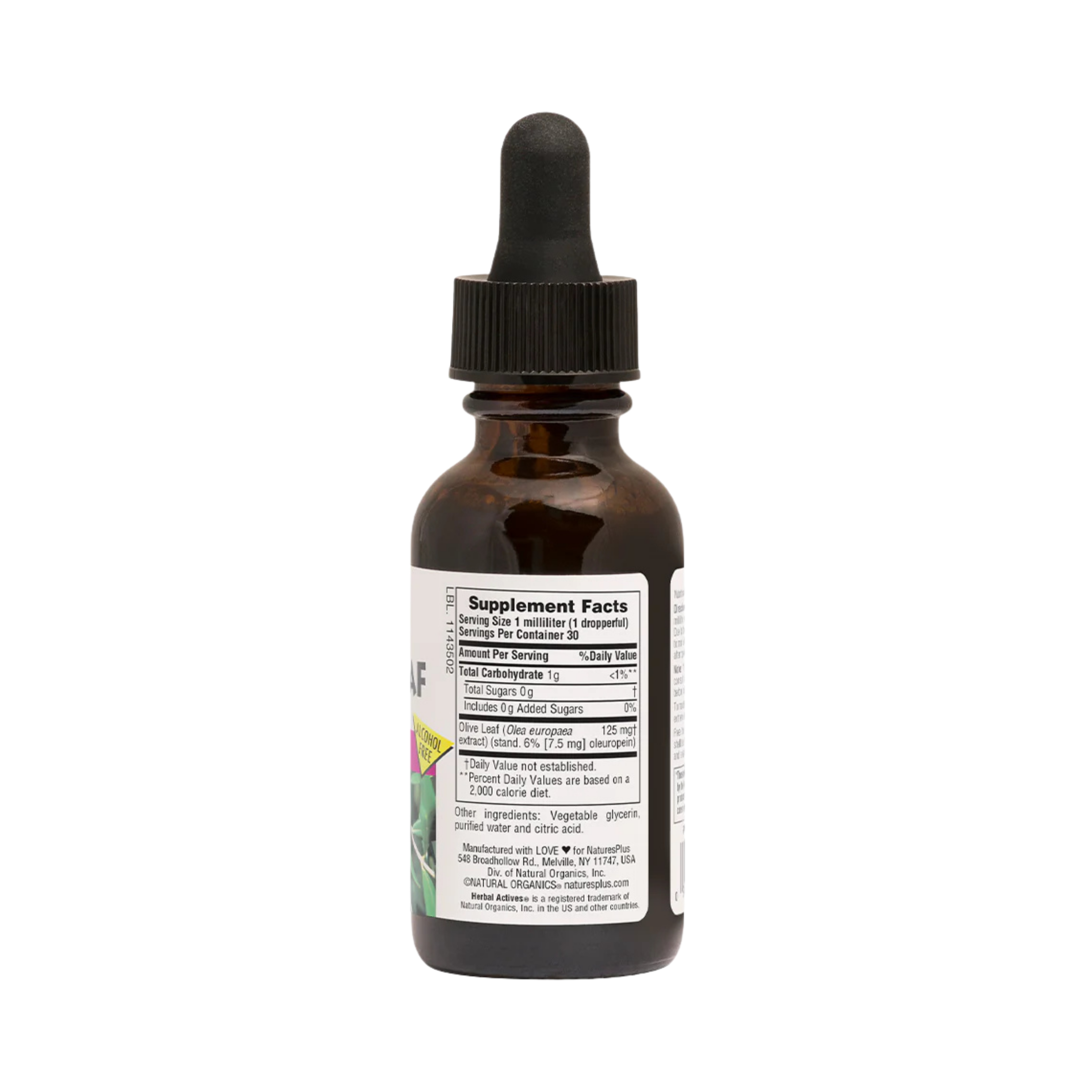 NaturesPlus, Herbal Actives, Olive Leaf, Alcohol Free, 125 Mg, 1 Fl Oz
