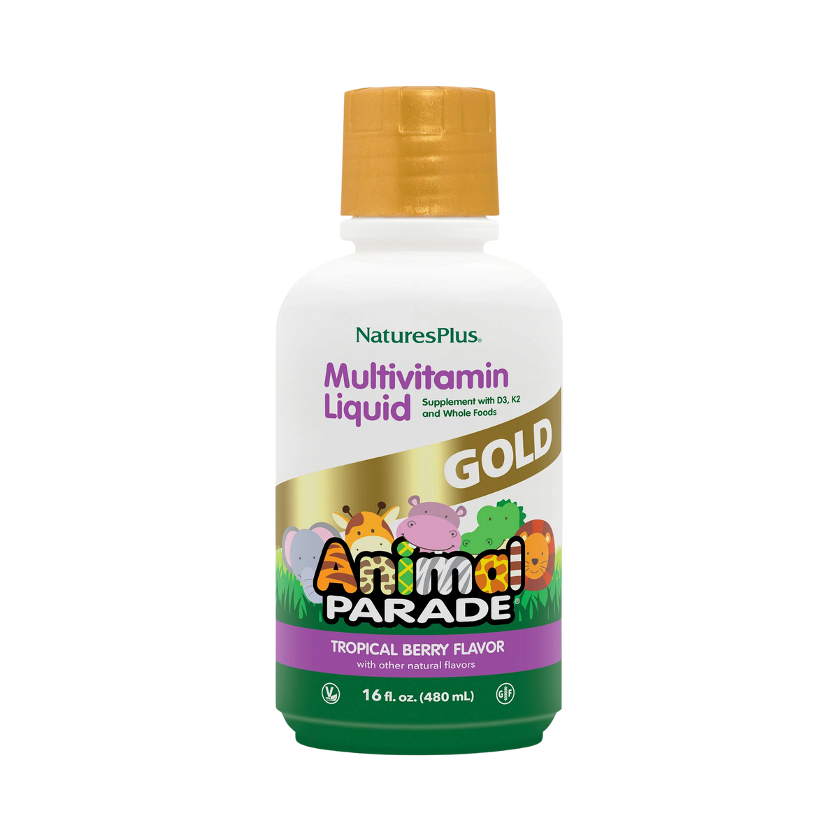 NaturesPlus, Children's Animal Parade Gold Multivitamin Liquid, Tropical Berry, 16 Fl Oz