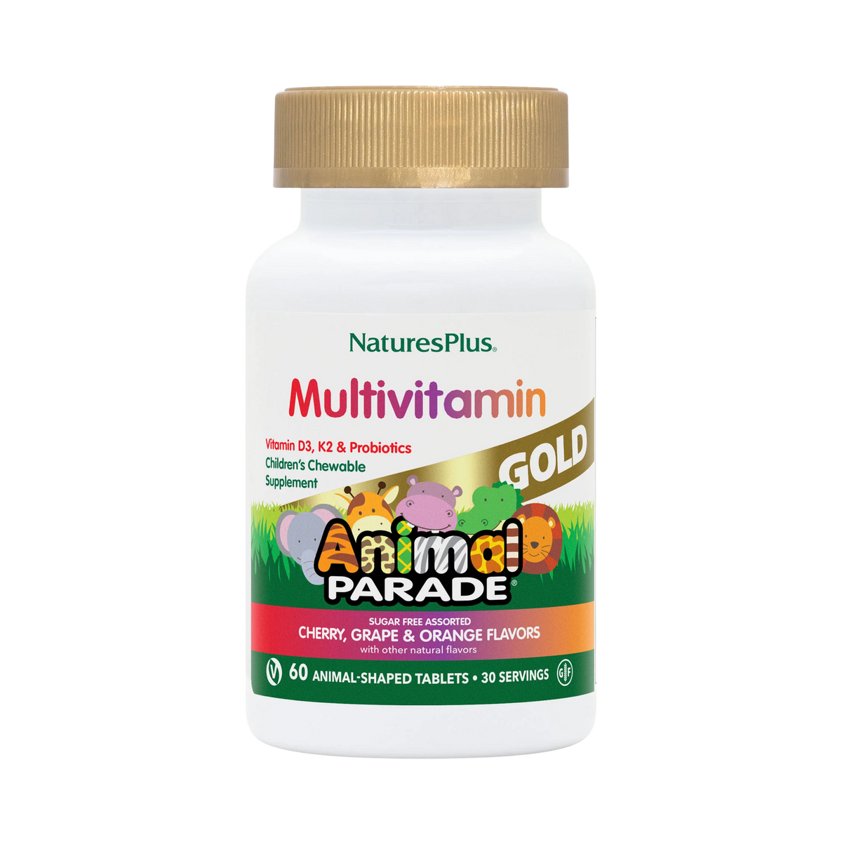 NaturesPlus, Animal Parade Gold, Children's Chewable Supplement, Cherry, Grape & Orange, 60 Animal-Shaped Tablets