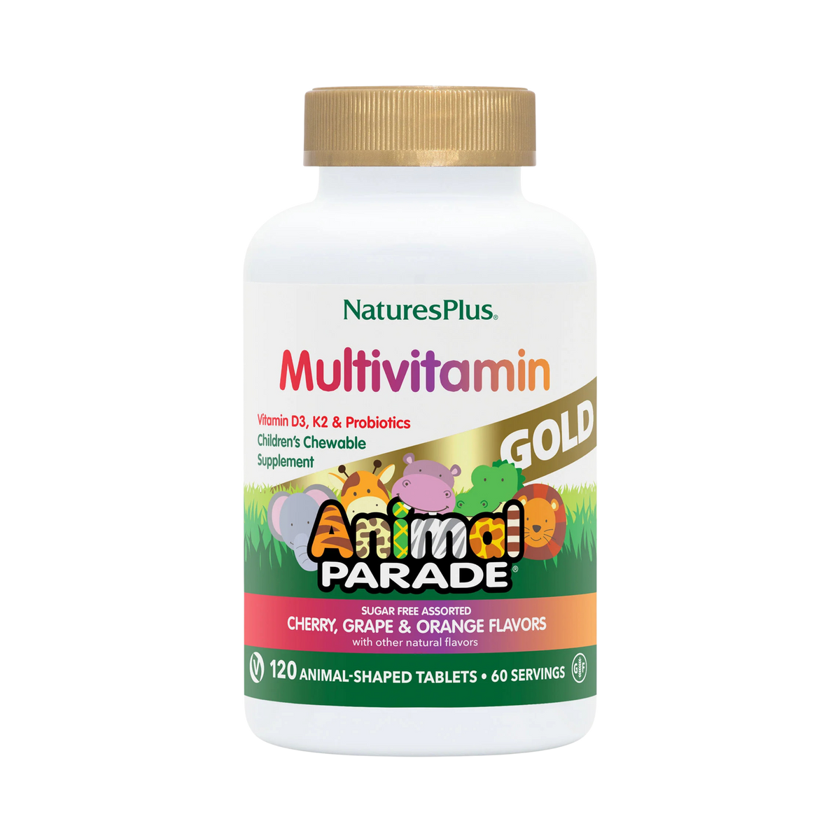 NaturesPlus, Animal Parade Gold, Children's Chewable Multivitamin Supplement, Cherry, Grape & Orange, 120 Animal-Shaped Tablets