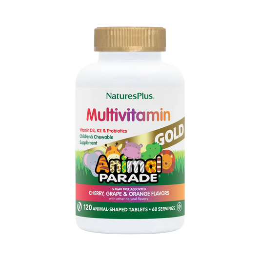 NaturesPlus, Animal Parade Gold, Children's Chewable Multivitamin Supplement, Cherry, Grape & Orange, 120 Animal-Shaped Tablets