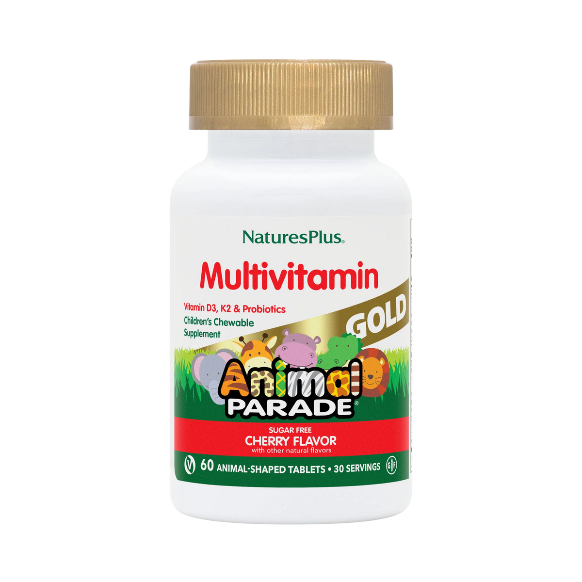 NaturesPlus, Animal Parade Gold, Children's Chewable Multivitamin Supplement, Cherry, 60 Animal-Shaped Tablets