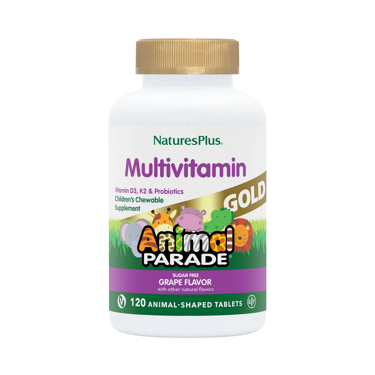 NaturesPlus, Animal Parade Gold, Children's Multivitamin Chewable Supplement, Grape, 120 Animal-Shaped Tablets