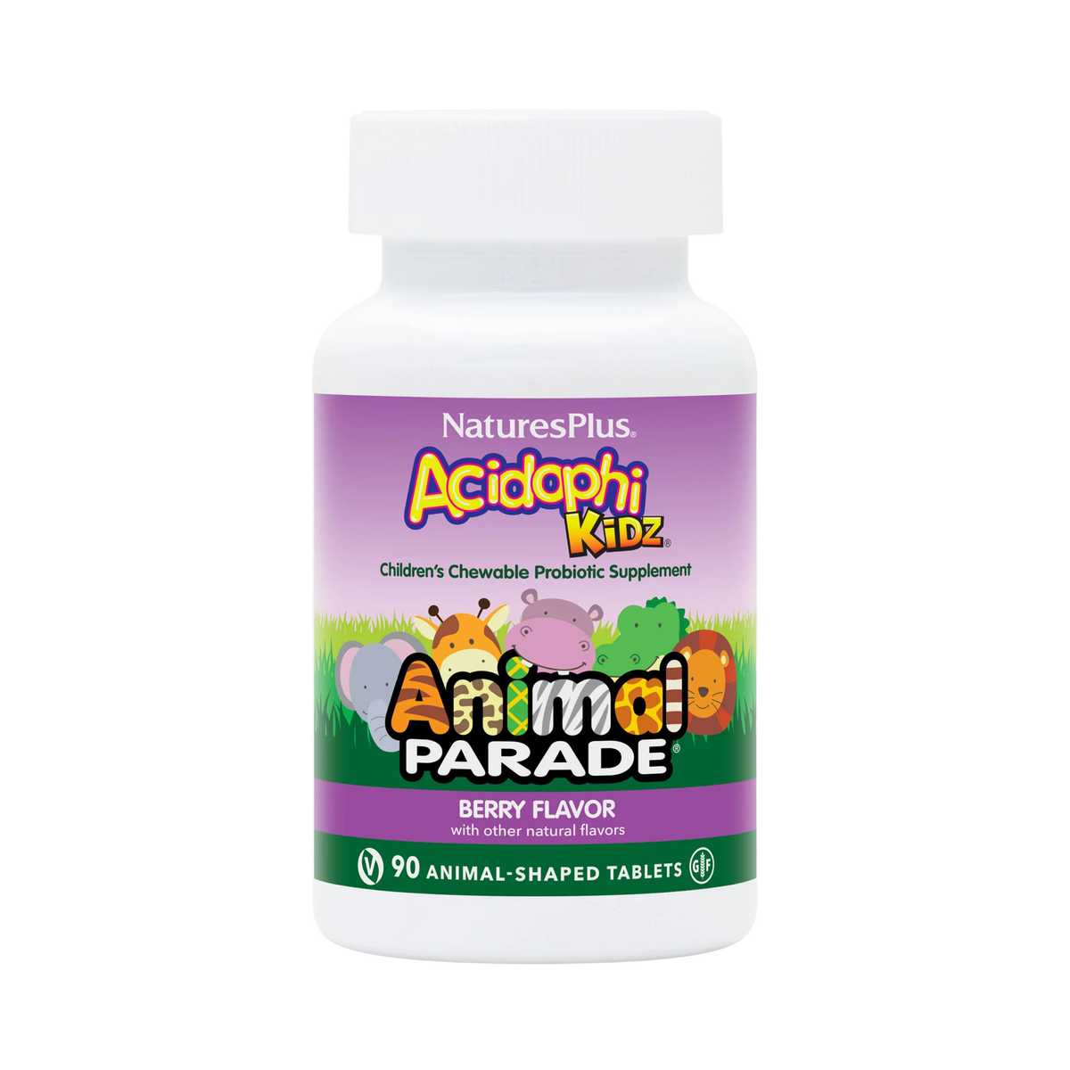 NaturesPlus, Source of Life, Animal Parade, AcidophiKidz, Children's Chewable, Berry, 90 Animal-Shaped Tablets