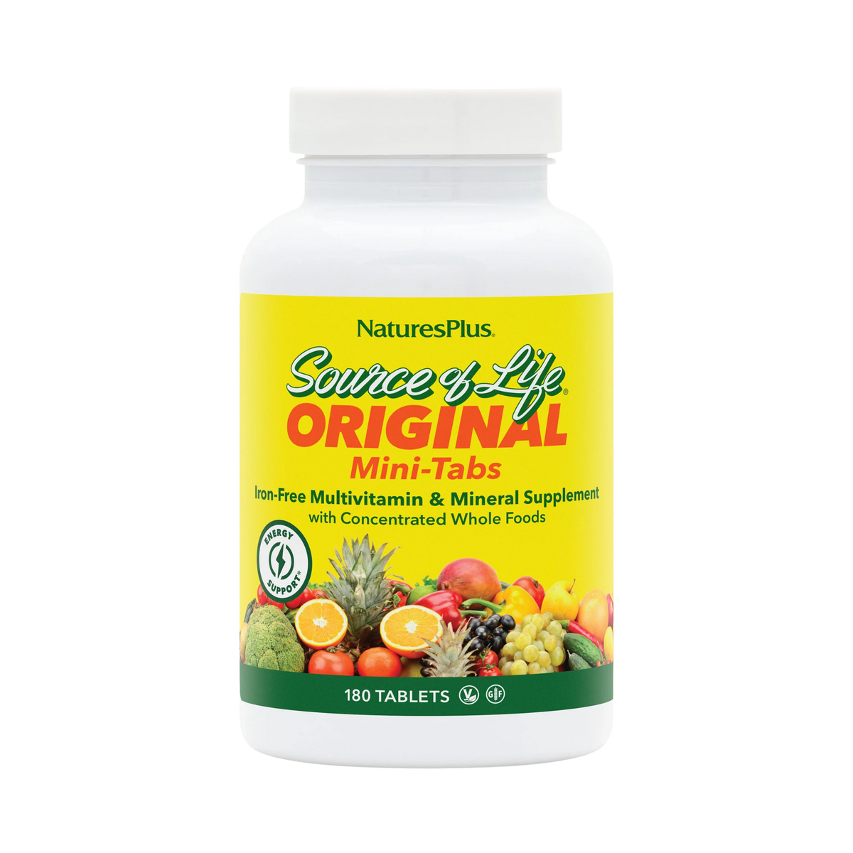 NaturesPlus, Source of Life, Original Mini-Tabs, Multivitamin & Mineral Supplement with Concentrated Whole Foods, Iron-Free, 180 Tablets
