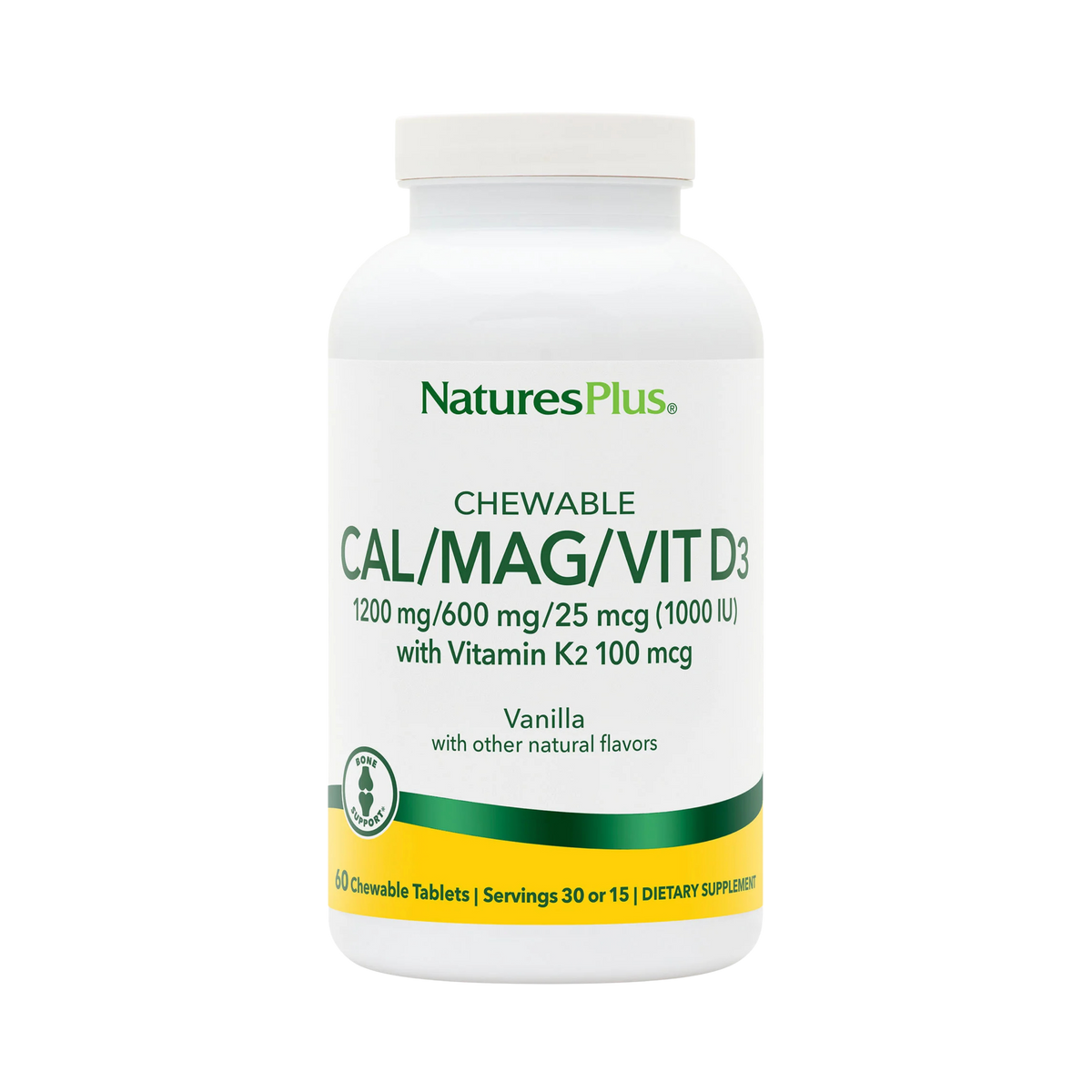 NaturesPlus, Chewable Cal/Mag/Vit D3 with Vitamin K2, Vanilla, 60 Chewable Tablets