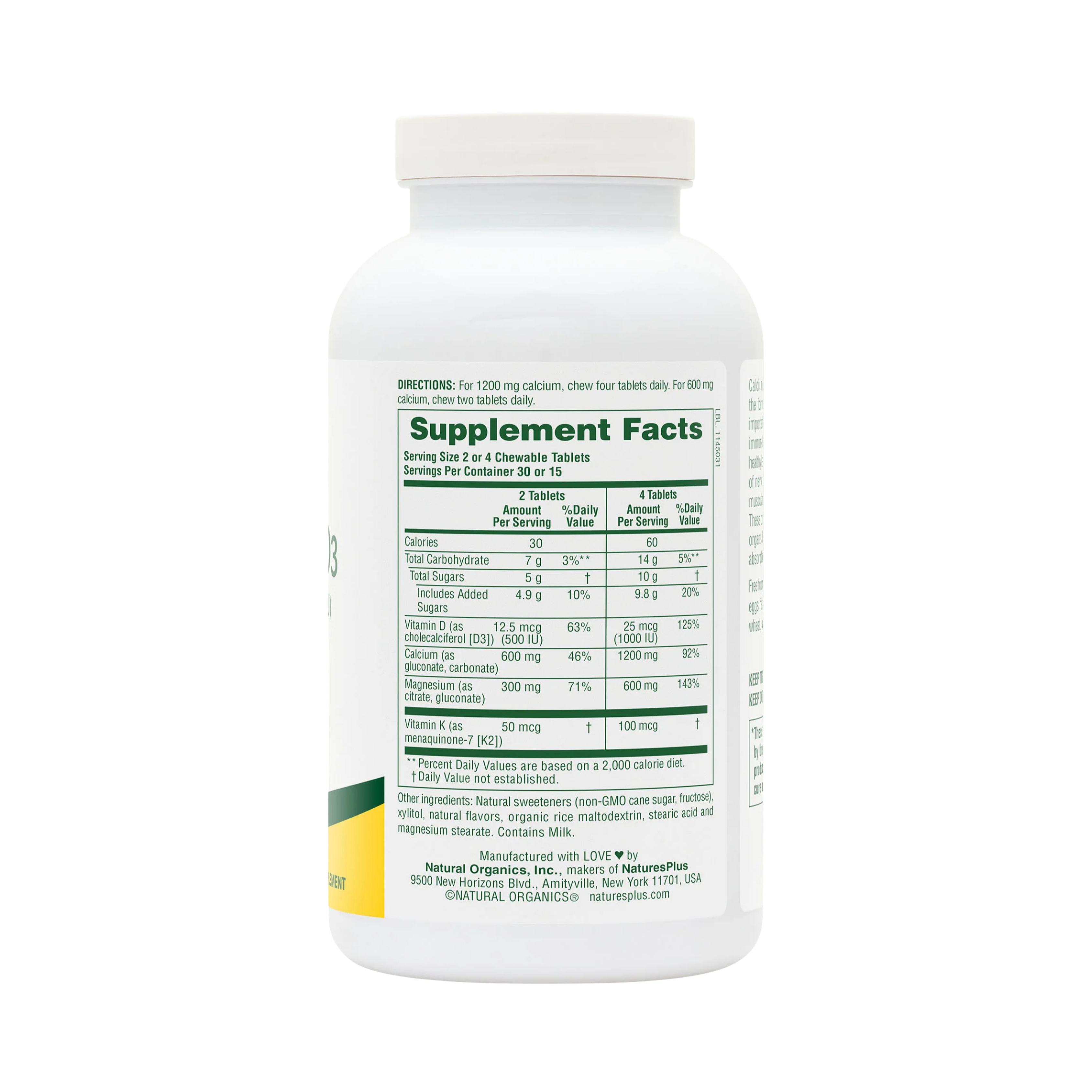 NaturesPlus, Chewable Cal/Mag/Vit D3 with Vitamin K2, Vanilla, 60 Chewable Tablets