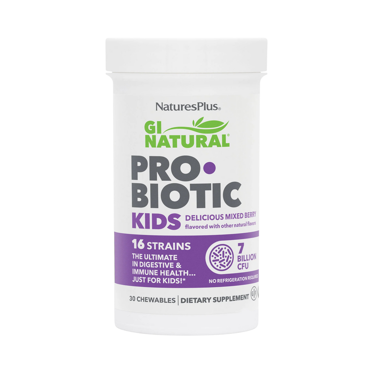 NaturesPlus, GI Natural Probiotic Kids, Delicious Mixed Berry, 7 Billion CFU, 30 Chewables