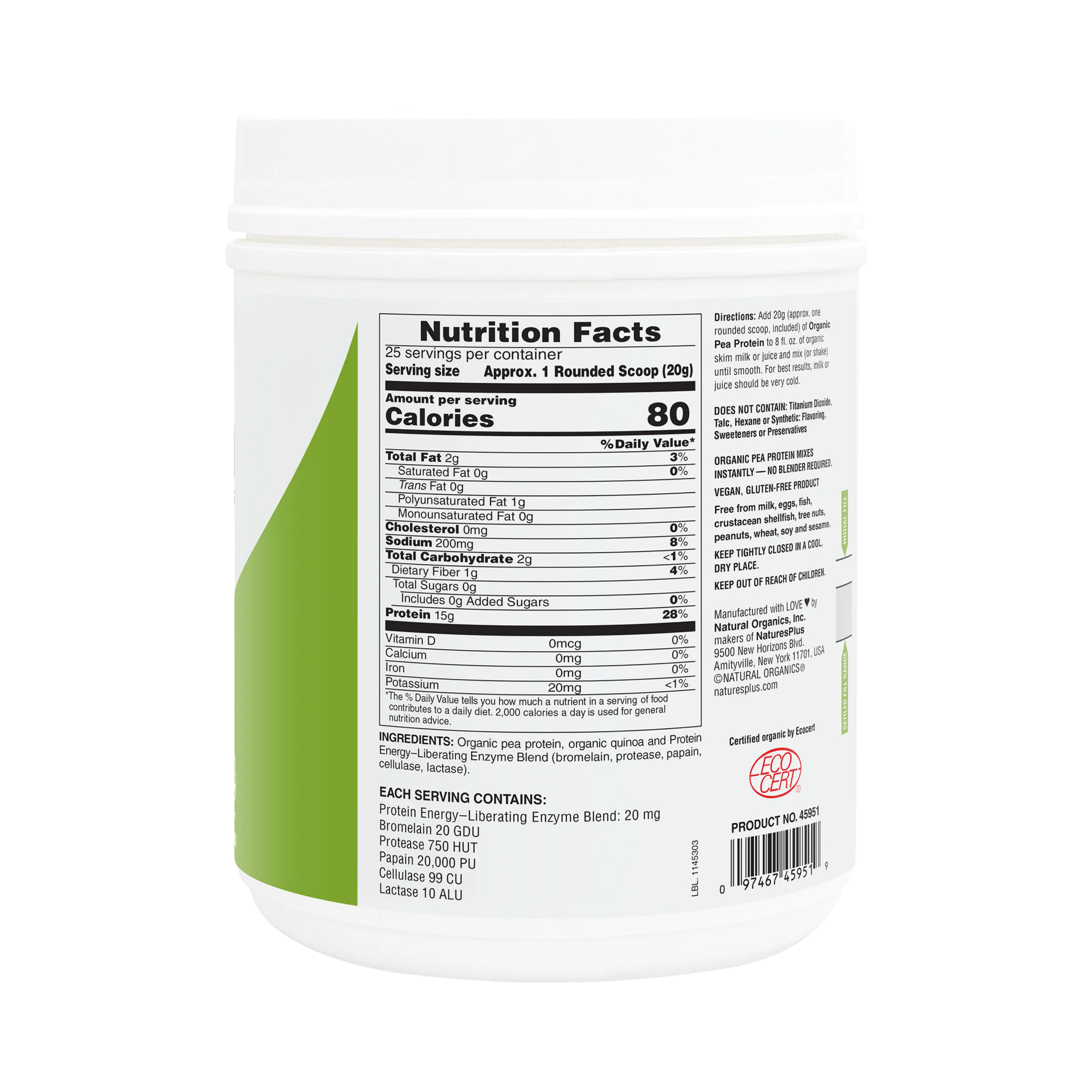 NaturesPlus, Organic Pea Protein Powder, Unflavored, 1.10 Lbs