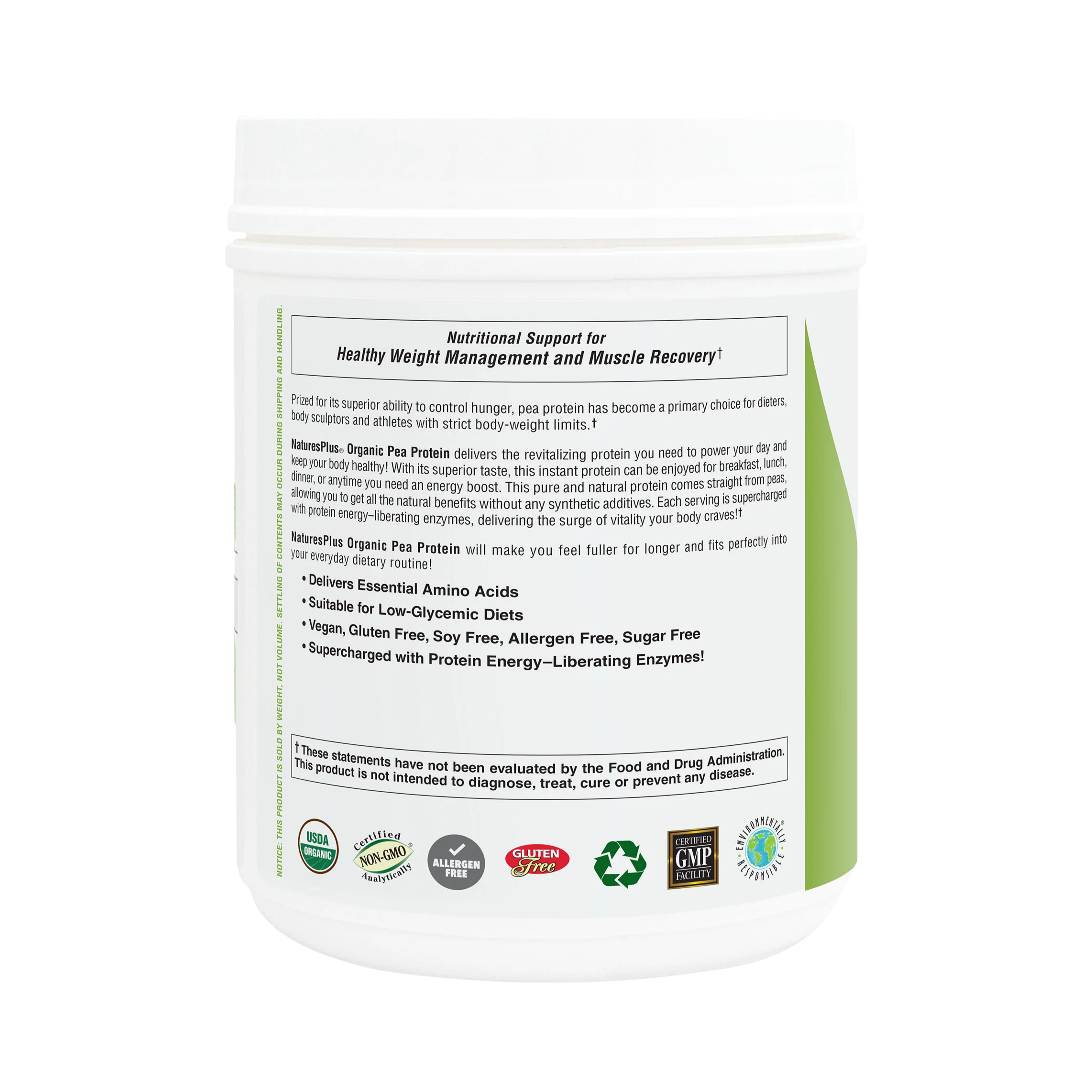 NaturesPlus, Organic Pea Protein Powder, Unflavored, 1.10 Lbs