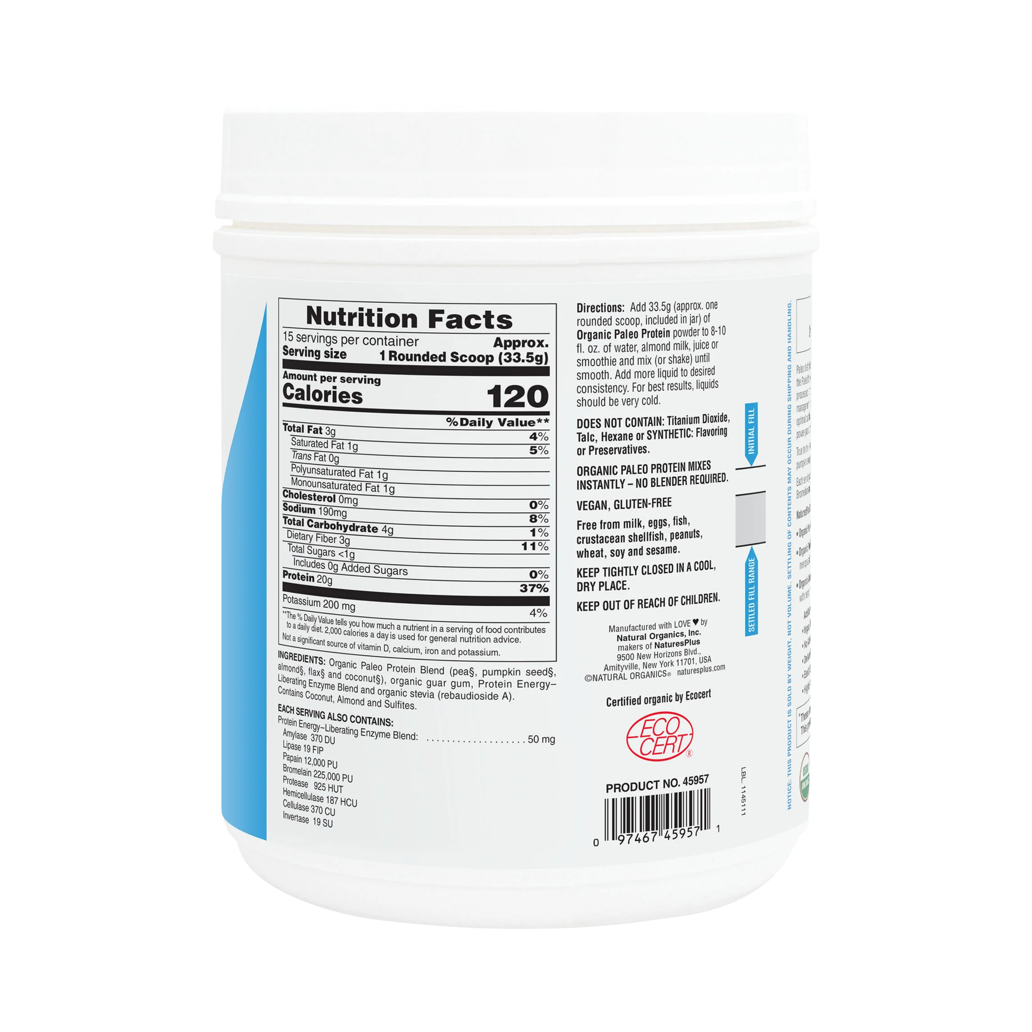 NaturesPlus, Paleo Protein Powder, Unflavored , 1.11 Lbs