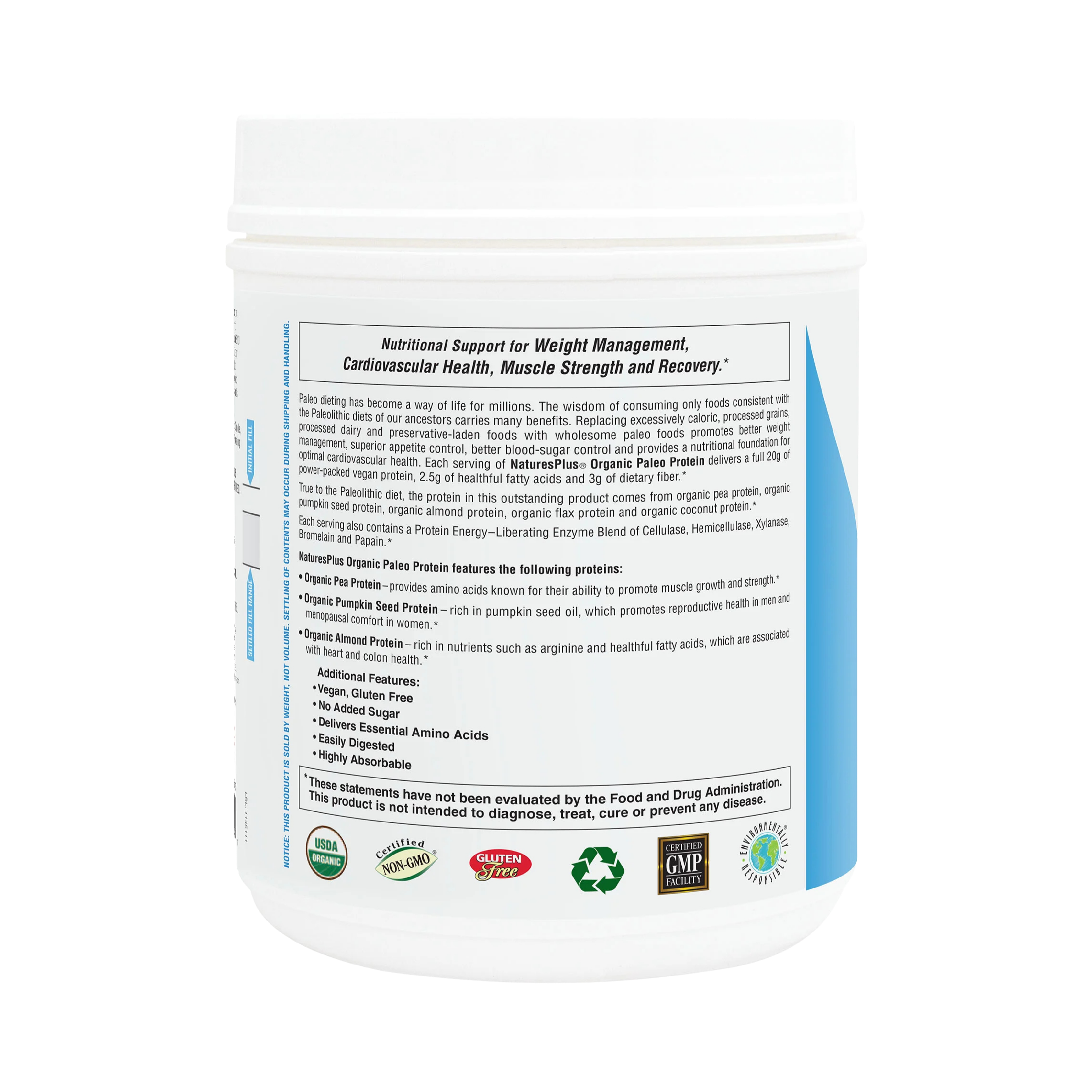NaturesPlus, Paleo Protein Powder, Unflavored , 1.11 Lbs