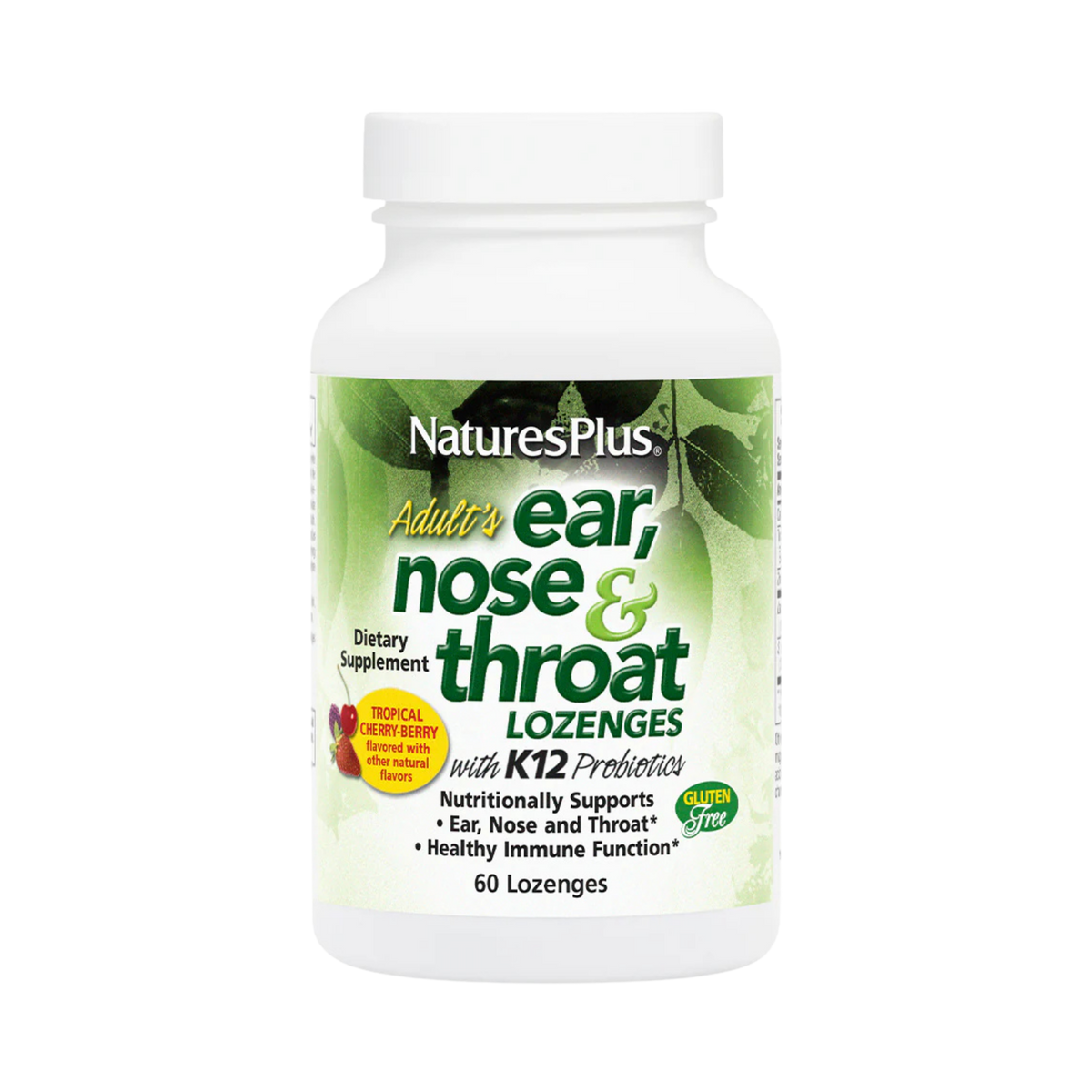 NaturesPlus, Adult's Ear, Nose & Throat Lozenges with K12 Probiotics, Natural Tropical Cherry-Berry, 60 Lozenges