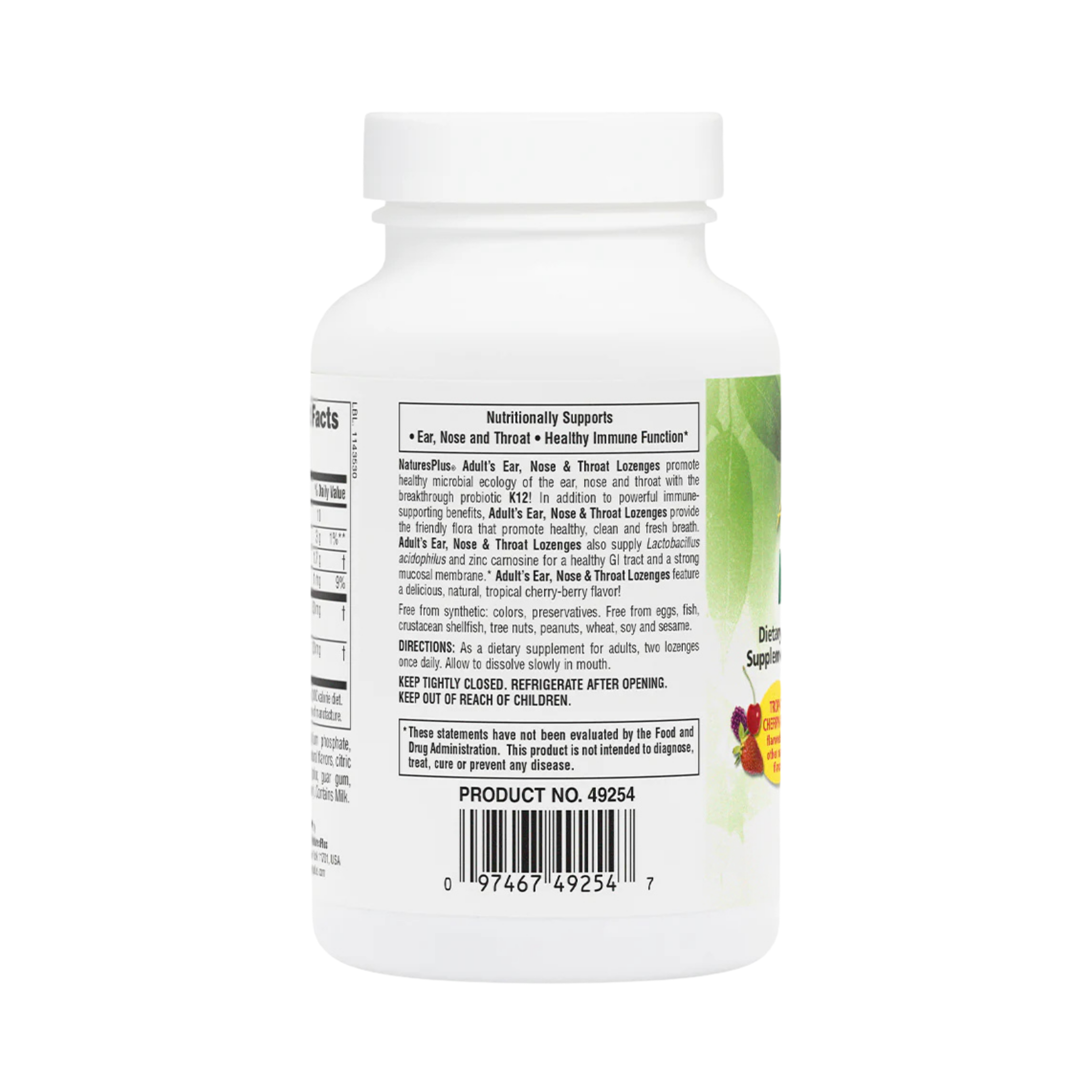 NaturesPlus, Adult's Ear, Nose & Throat Lozenges with K12 Probiotics, Natural Tropical Cherry-Berry, 60 Lozenges