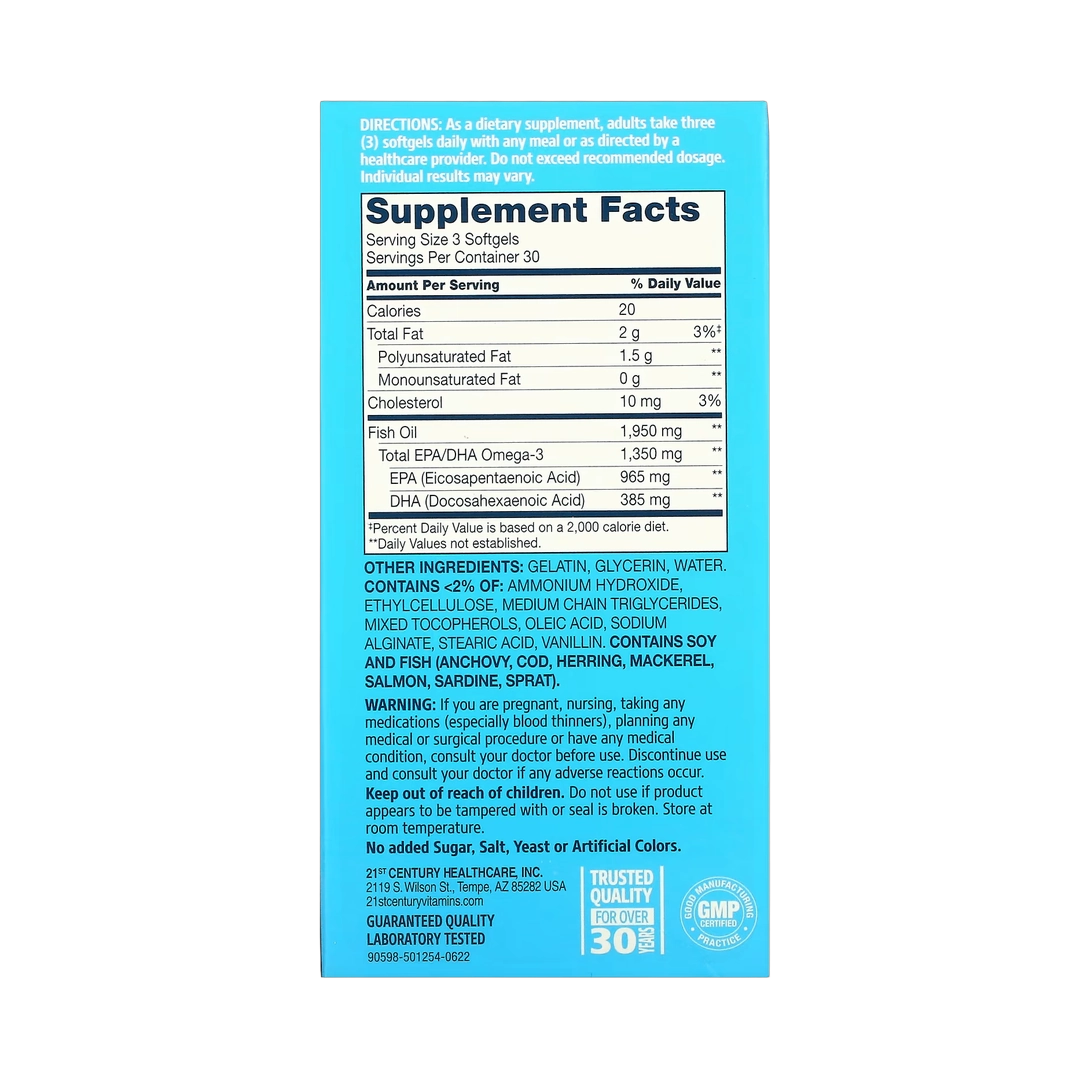 21st Century, Alaska Wild Fish Oil, Mega Omega 3, 90 Enteric Coated Softgels