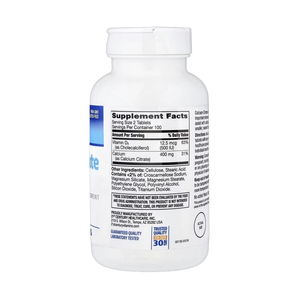 21st Century, Calcium Citrate Petites + D3, 200 Coated Tablets