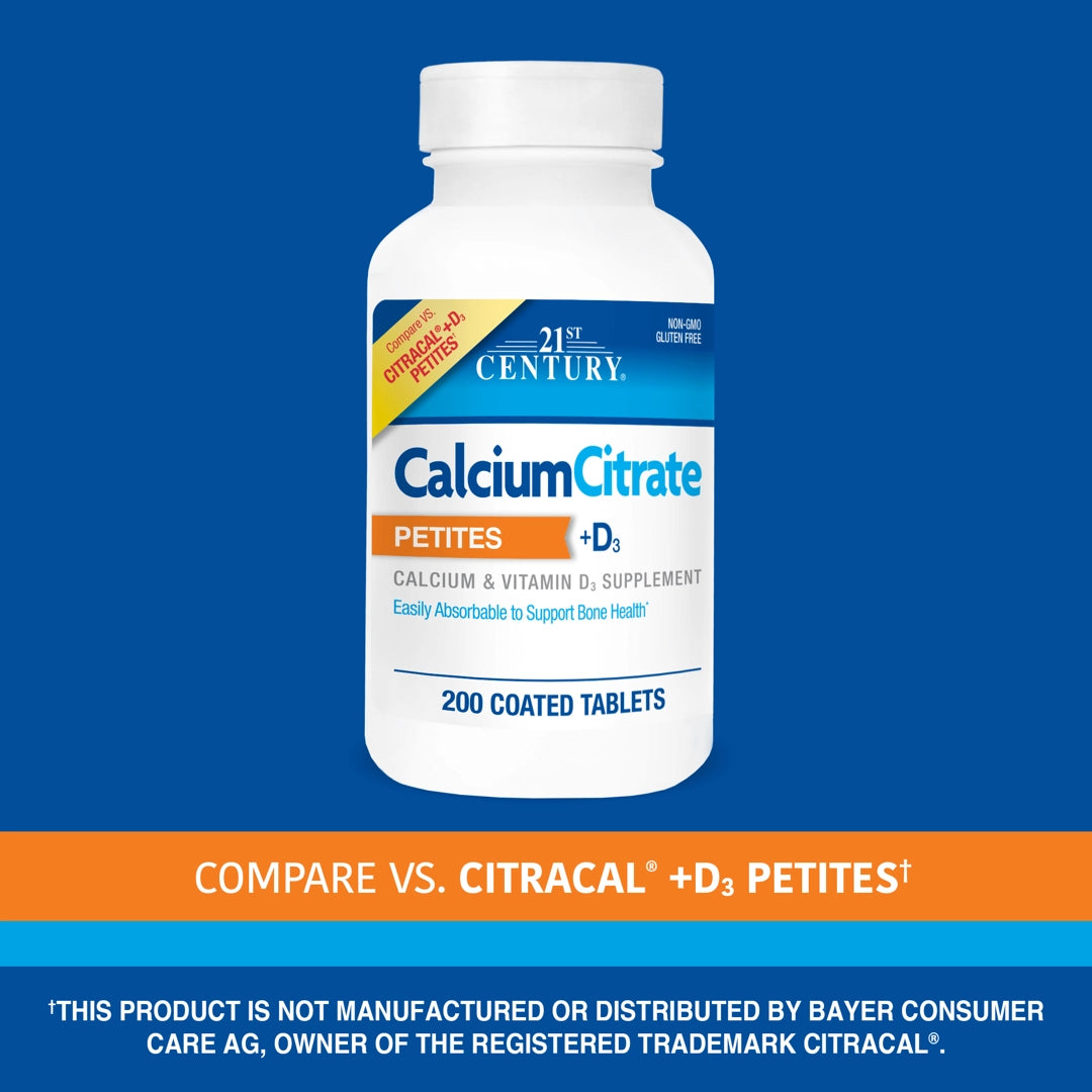 21st Century, Calcium Citrate Petites + D3, 200 Coated Tablets
