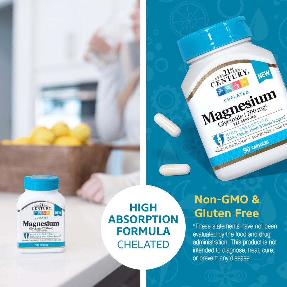 21st Century, Chelated Magnesium Glycinate, 90 Capsules, (100 mg per Capsule)