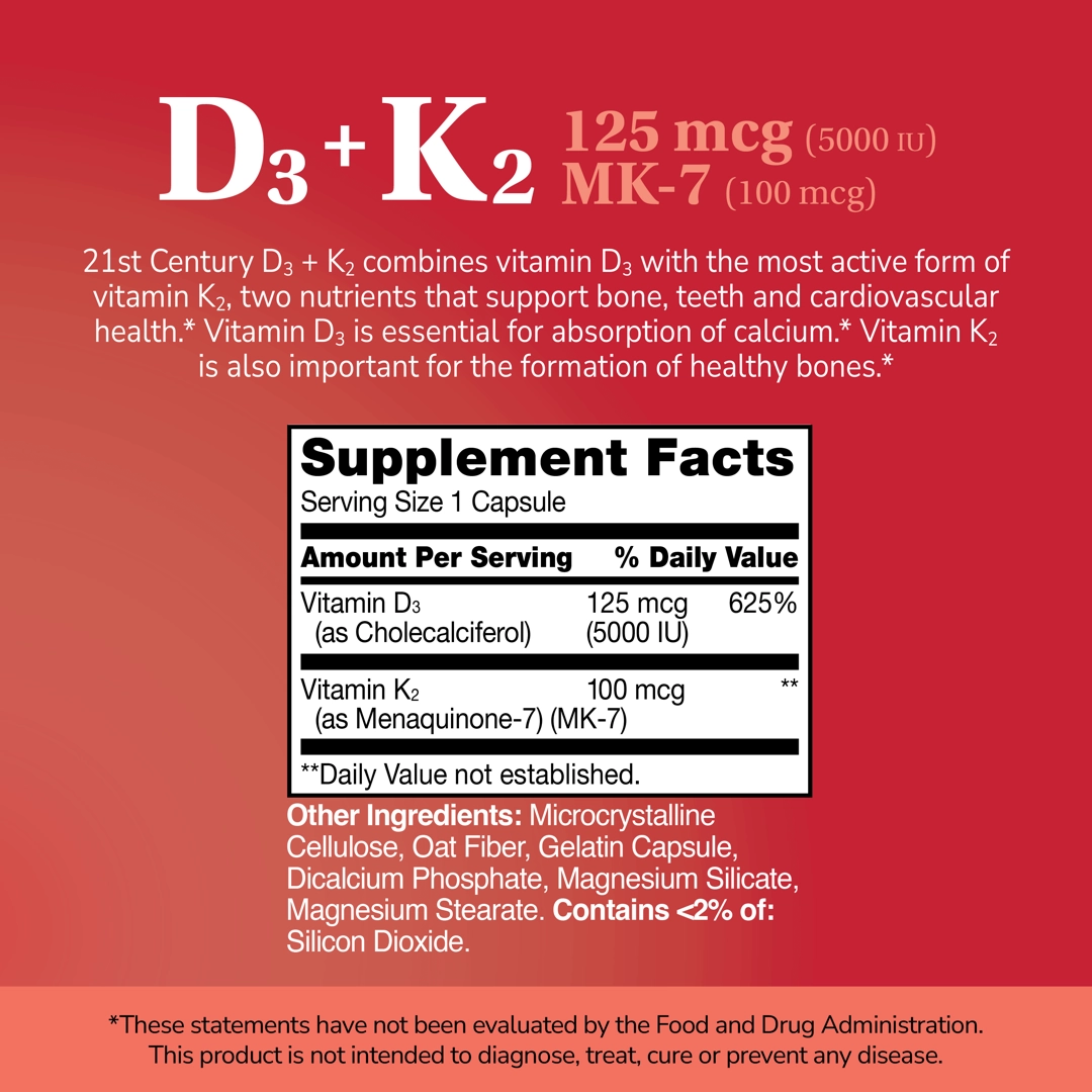 21st Century, D3 + K2, 120 Capsules