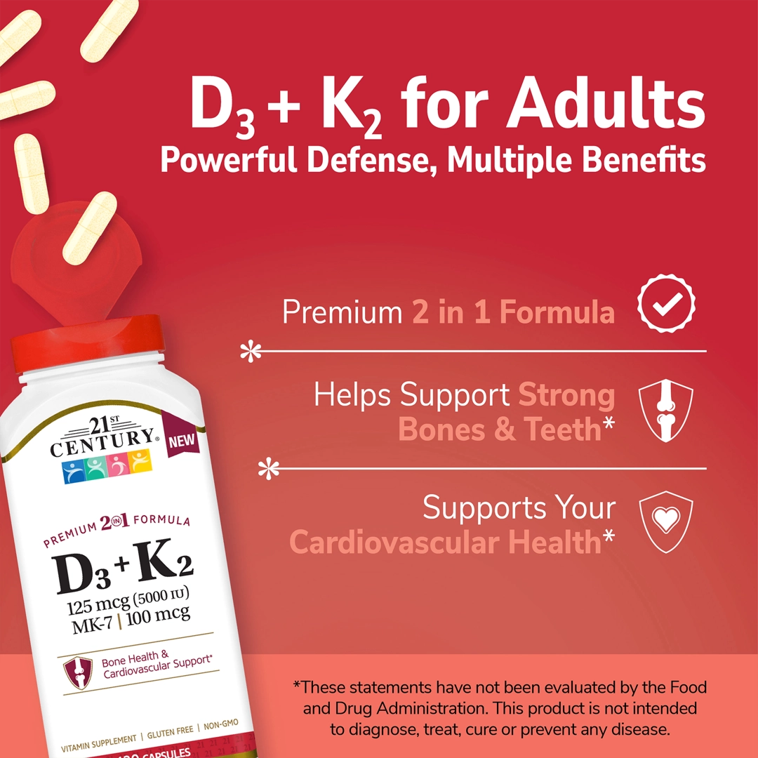 21st Century, D3 + K2, 120 Capsules
